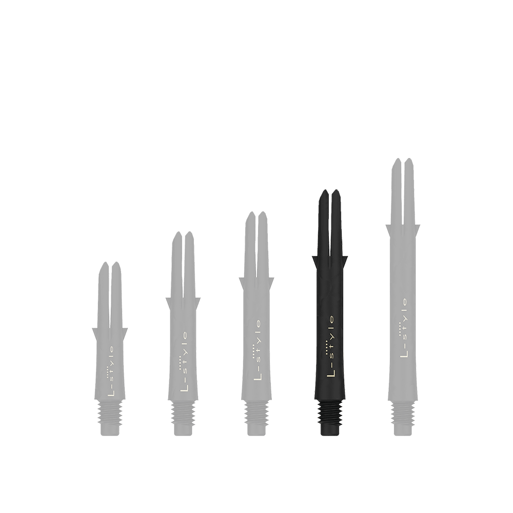 L-Style Carbon Shafts 260 Auf dem Bild sind fünf schwarze Dartschäfte in unterschiedlicher Länge zu sehen. Sie sind senkrecht nebeneinander angeordnet und tragen die Aufschrift "L-style".