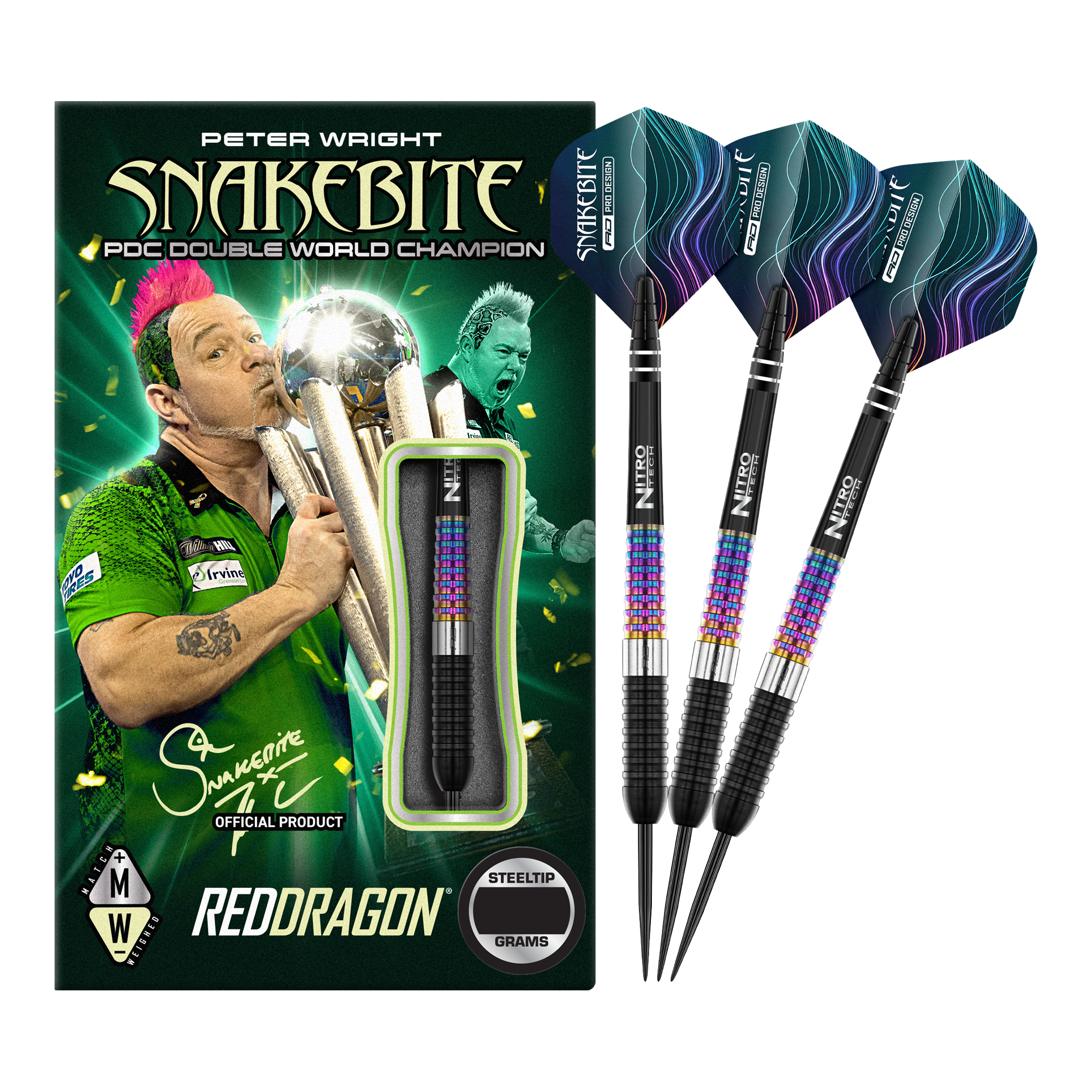 Dardos de acero Red Dragon Peter Wright Corra Die Abbildung zeigt die Red Dragon Peter Wright Corra Steeldarts mit bunter Verpackung. Drei Steeldarts mit farbenfrohem Schaft und schwarzen Spitzen sind neben der Verpackung zu sehen.