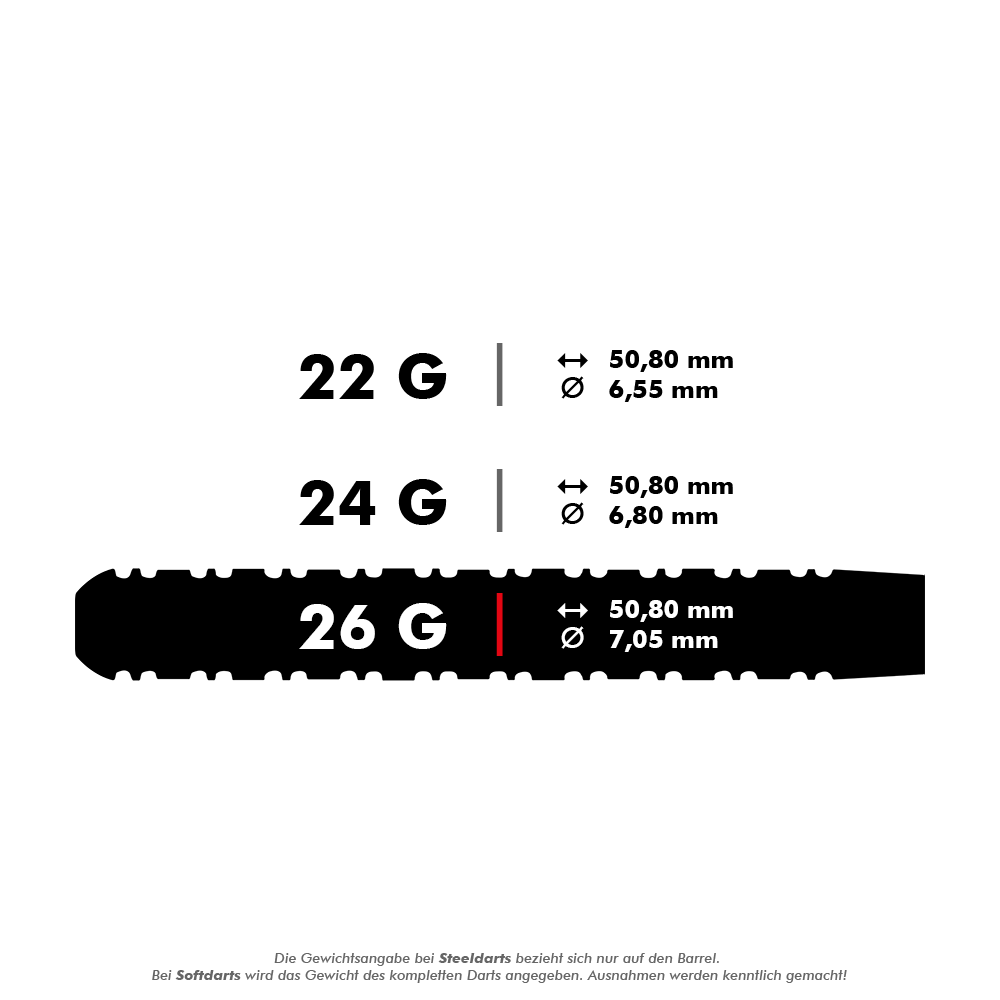 Dardos de acero paralelos de llamas de tormenta de fuego Winmau Das Bild zeigt drei verschiedene Gewichte für Steeldarts: 22 g, 24 g und 26 g. Für alle drei Varianten beträgt die Länge 50,80 mm, während der Durchmesser je nach Gewicht variiert.
