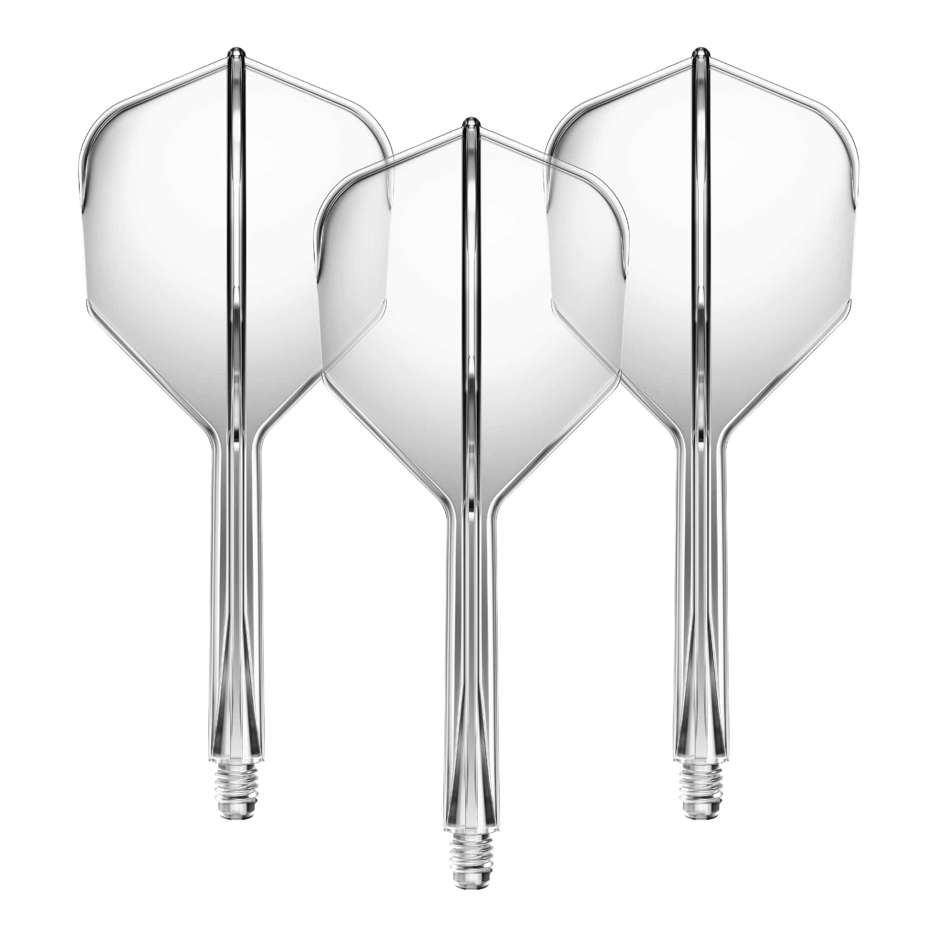 Auf dem Bild sind drei transparente Dartflights mit integriertem Schaft zu sehen. Sie sind nebeneinander angeordnet und haben eine klare, mittelgroße Form.