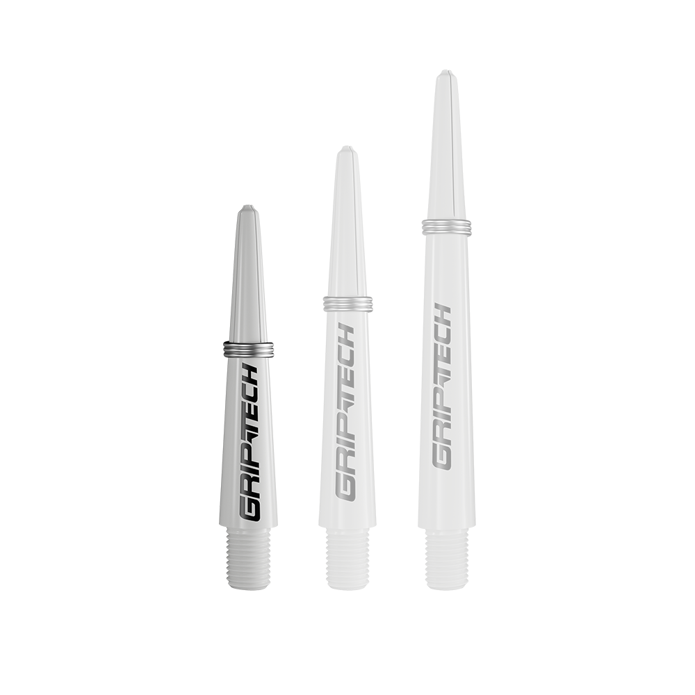 Alberi GOAT Griptech - Bianco Das Bild zeigt drei silberne Dartschäfte in verschiedenen Längen. Auf jedem Schaft steht das Wort "GRIPTECH".