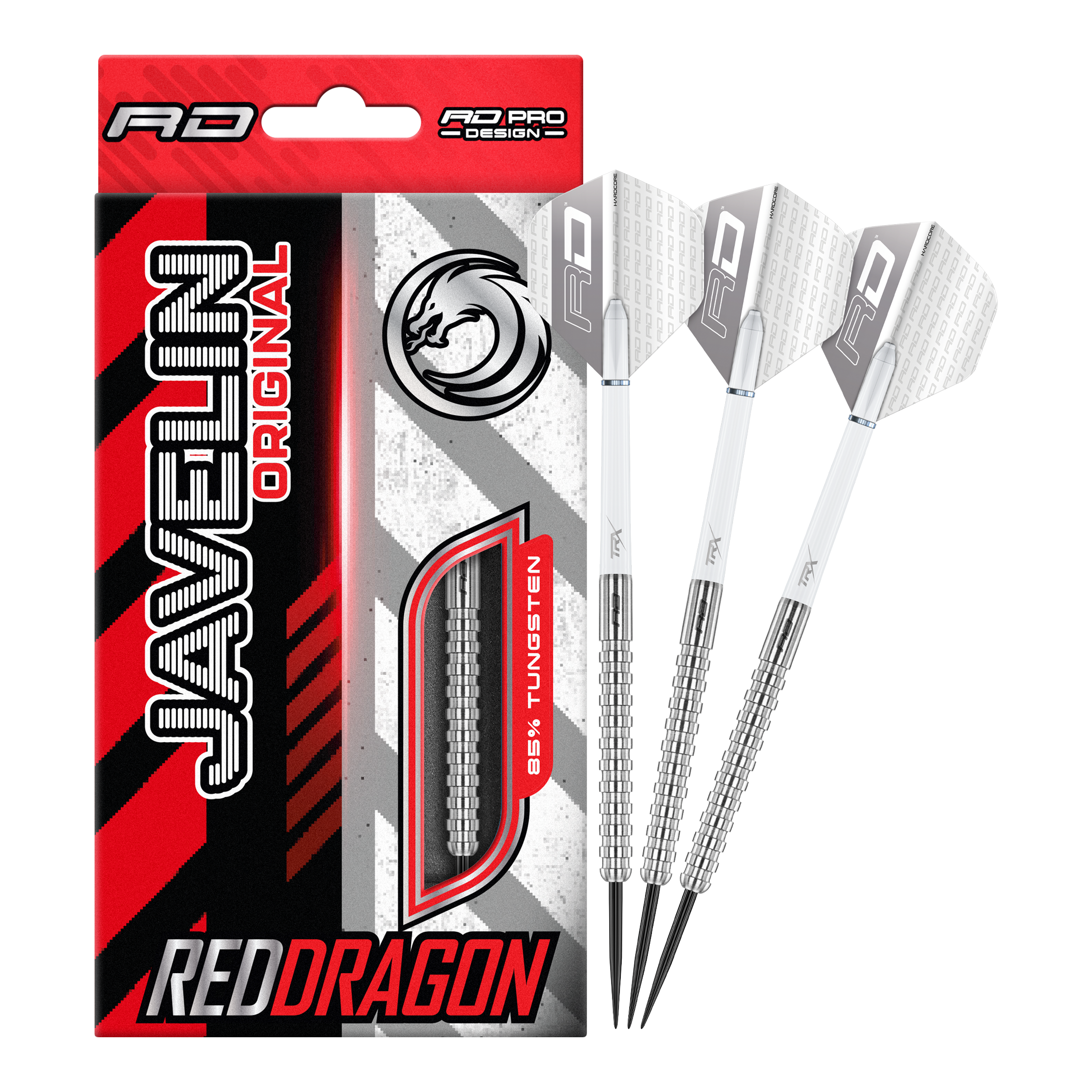 Red Dragon Javelin Steeldarts Das Bild zeigt die Red Dragon Javelin Steeldarts in voller Ansicht. Sie sind speziell für das professionelle Darten entwickelt.