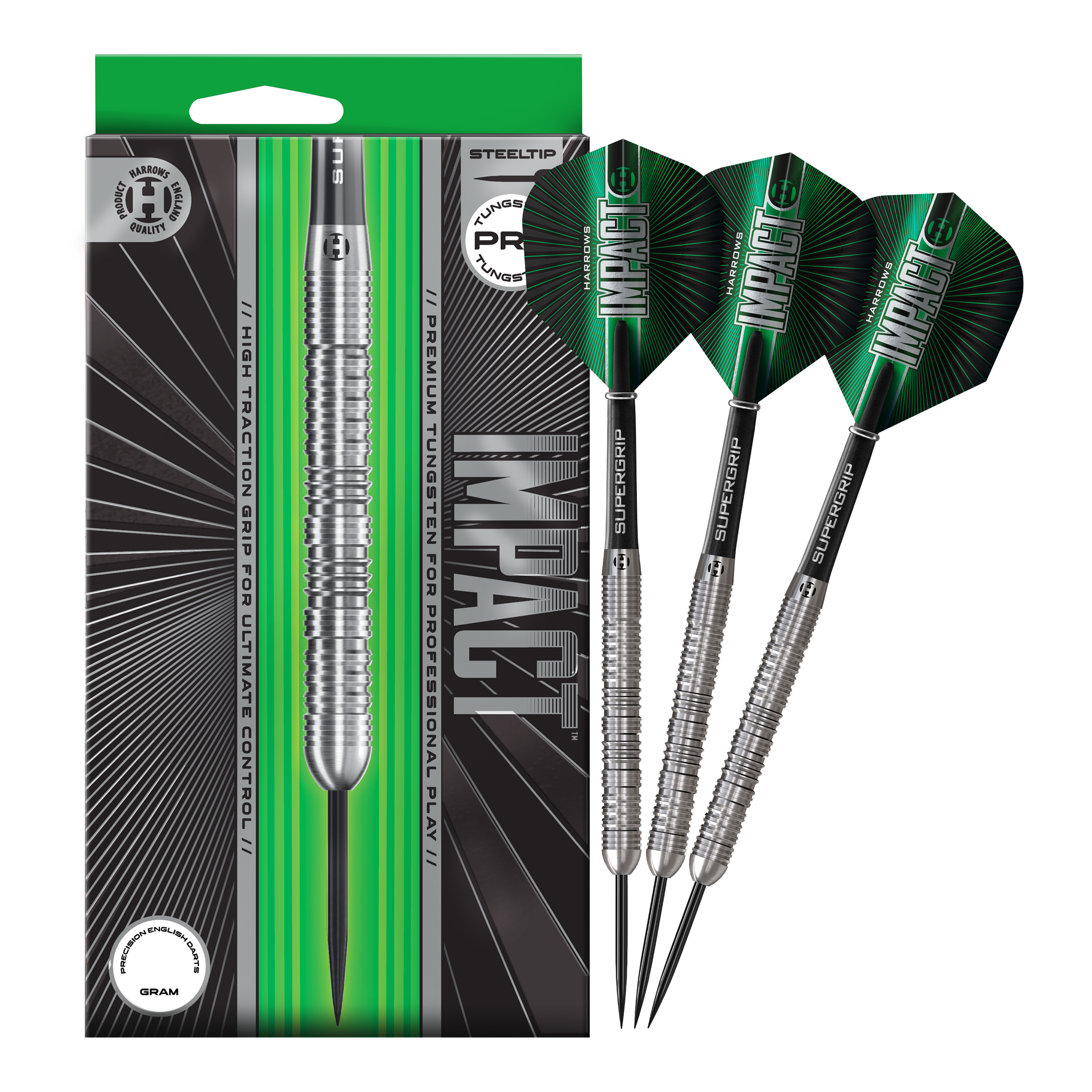 Fléchettes en acier Harrows Impact Das Foto zeigt die vollständigen Harrows Impact Steeldarts. Die Darts sind fertig zusammengestellt für den Gebrauch.