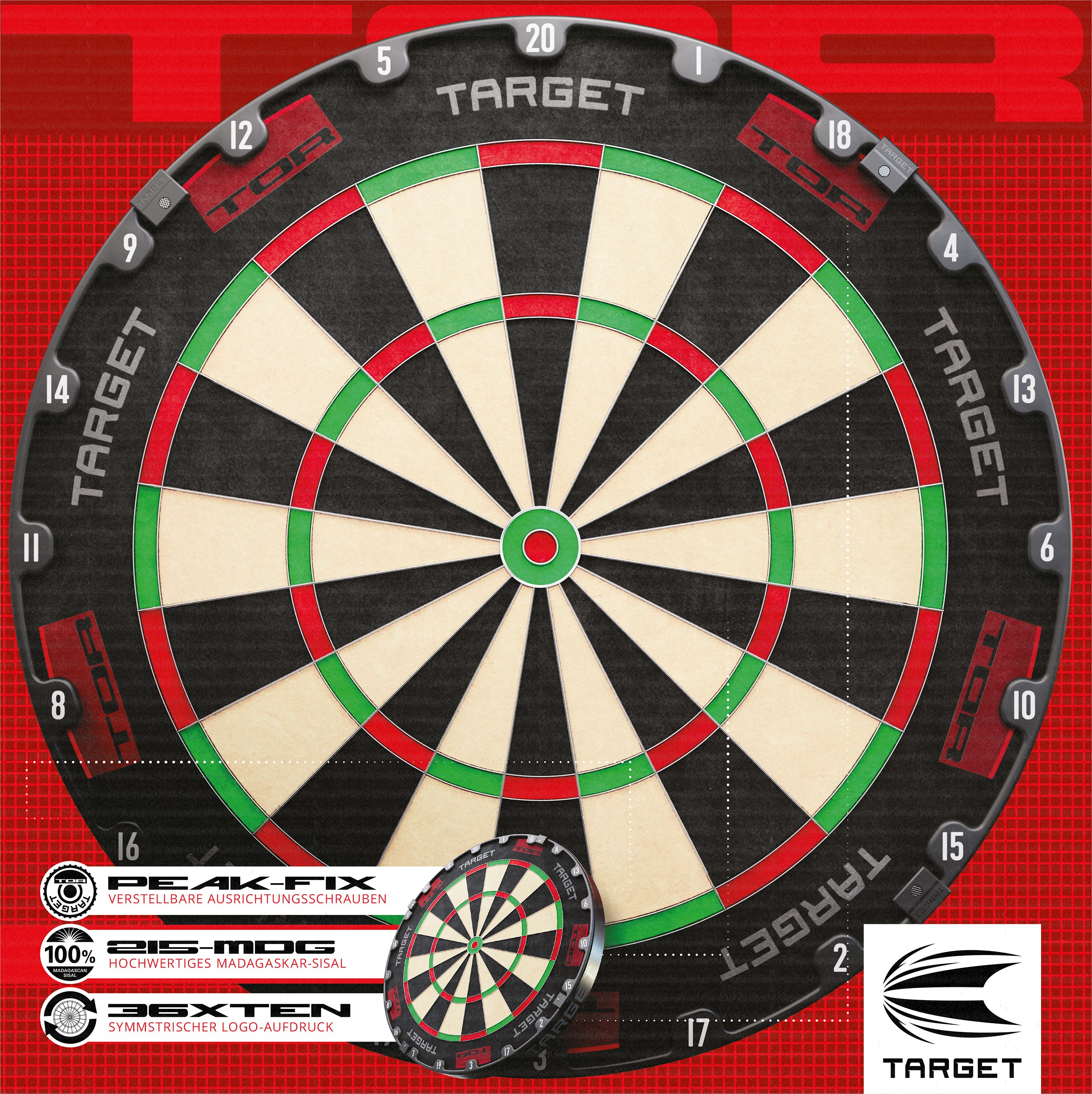Ocelový terč Target TOR Target TOR Steeldartboard ist als klassisches Dartboard zu sehen. Die Zahlen und Segmente sind klar sichtbar.