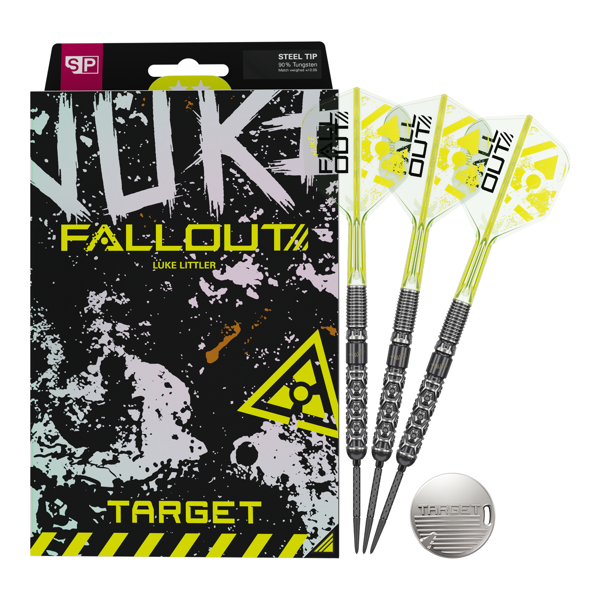 Target Luke Littler Nuke Fallout Swiss Points Steeldarts Auf dem Bild sind die Target Luke Littler Nuke Fallout Swiss Points Steeldarts dargestellt. Die Darts bieten eine spezielle Griffstruktur für besseren Halt.