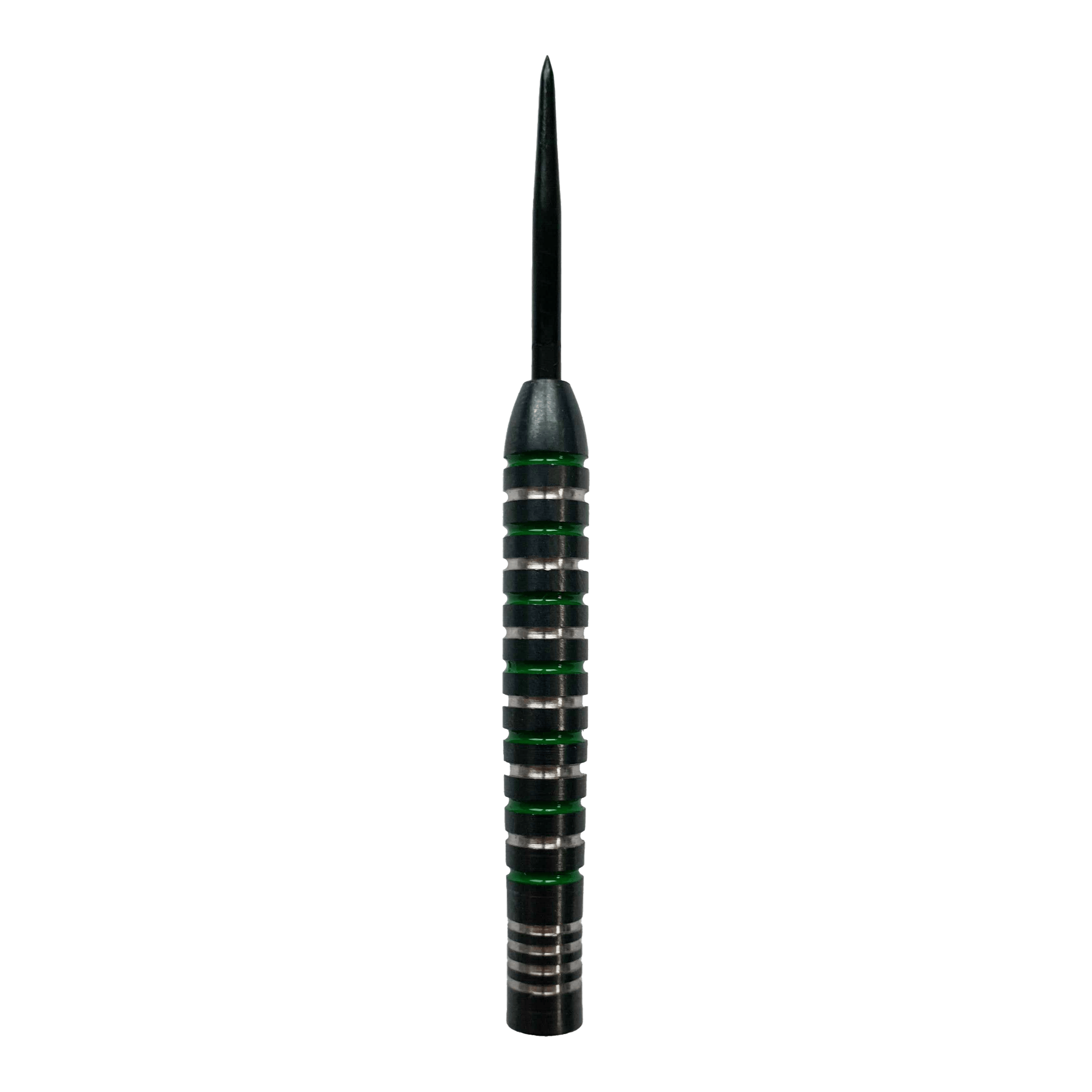 McDart stříbrnozelené ocelové sudy Das Bild zeigt ein McDart Silver Green Steeldart Barrel. Der Dartpfeil hat silberne Ringe mit grünen Akzenten entlang des Griffbereichs.