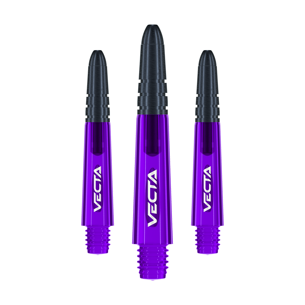 Winmau Vecta Shafts - Viola Nero Auf dem Bild sind drei lilafarbene und schwarze Dartschäfte der Marke Vecta zu sehen. Die Schäfte sind 34 mm lang und werden als Set geliefert.