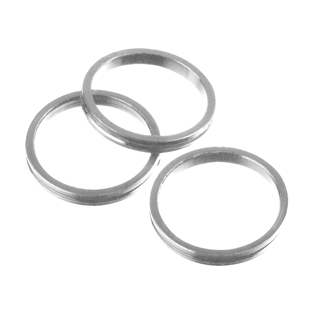 110280_Target_Pro_Grip_Shaftringe_Silber_1 Das Bild zeigt drei silberne Pro Grip Shaftringe von Target. Sie sind rund und aus Metall gefertigt.