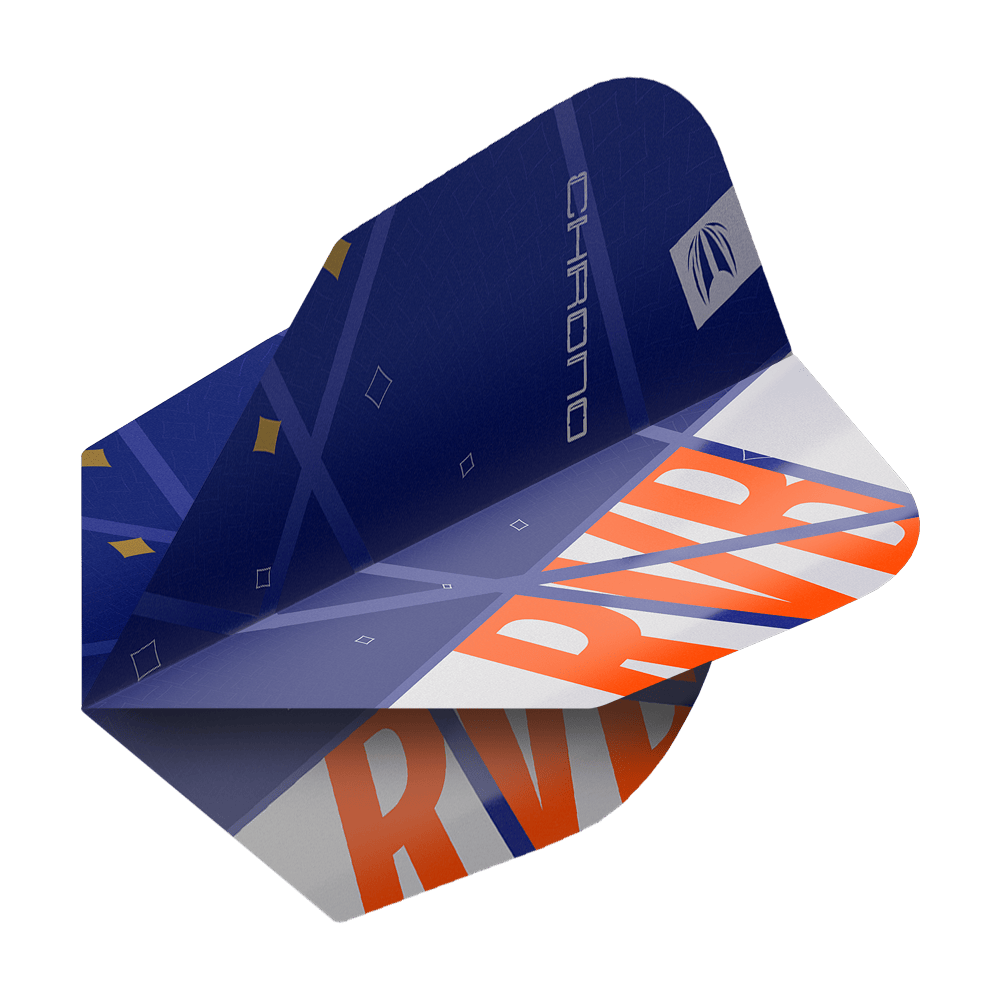 Target Pro Ultra Raymond Van Barneveld Chrono No6 Flights - 3 Sets Das Bild zeigt ein Dartflight mit dem Design "Target Pro Ultra Raymond Van Barneveld Chrono No6". Das Flight ist überwiegend dunkelblau mit orangen und weißen Akzenten sowie der Aufschrift "RVB" und "Chrono".