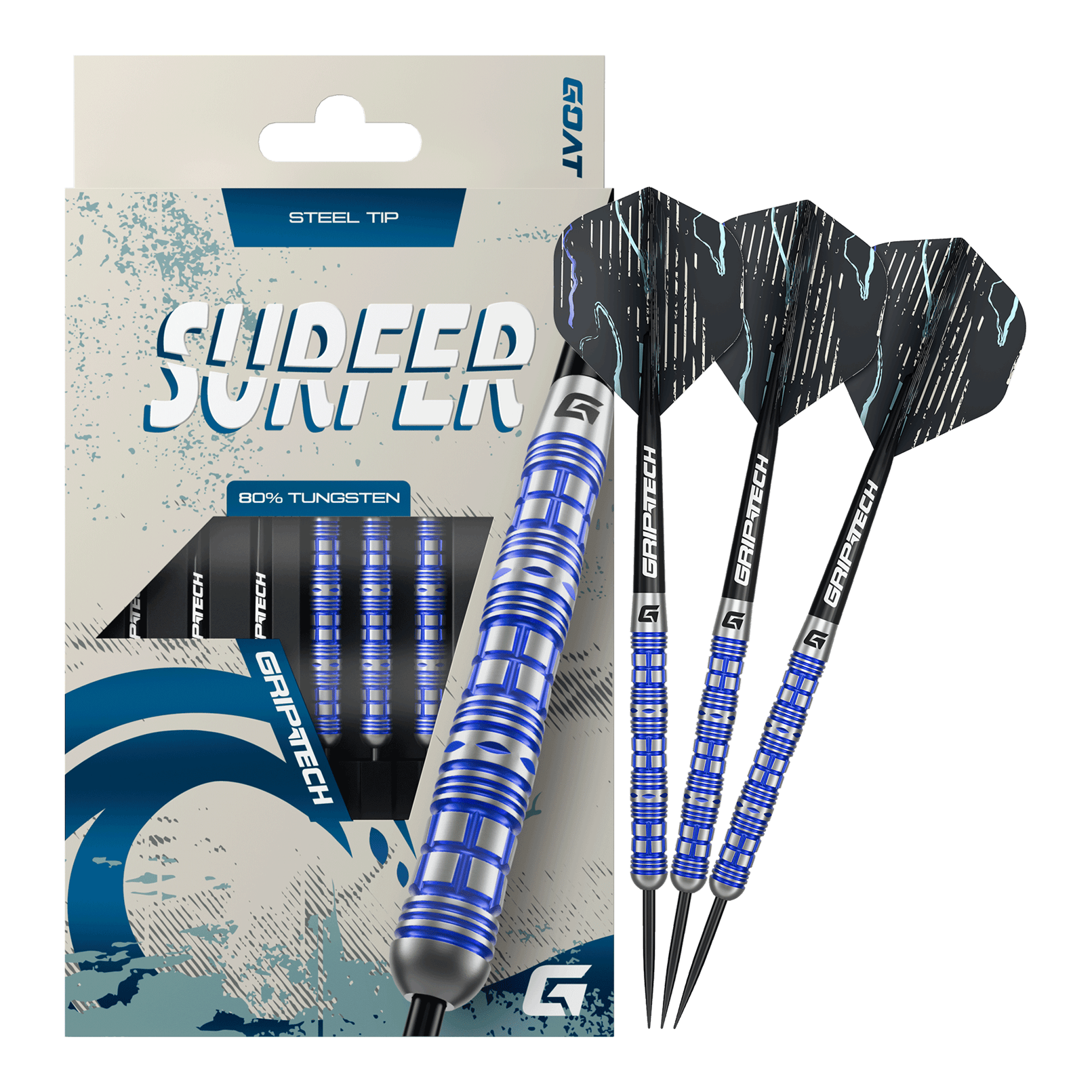 Das Foto präsentiert die GOAT Surfer Steeldarts. Sie sind ideal für Dart-Enthusiasten.