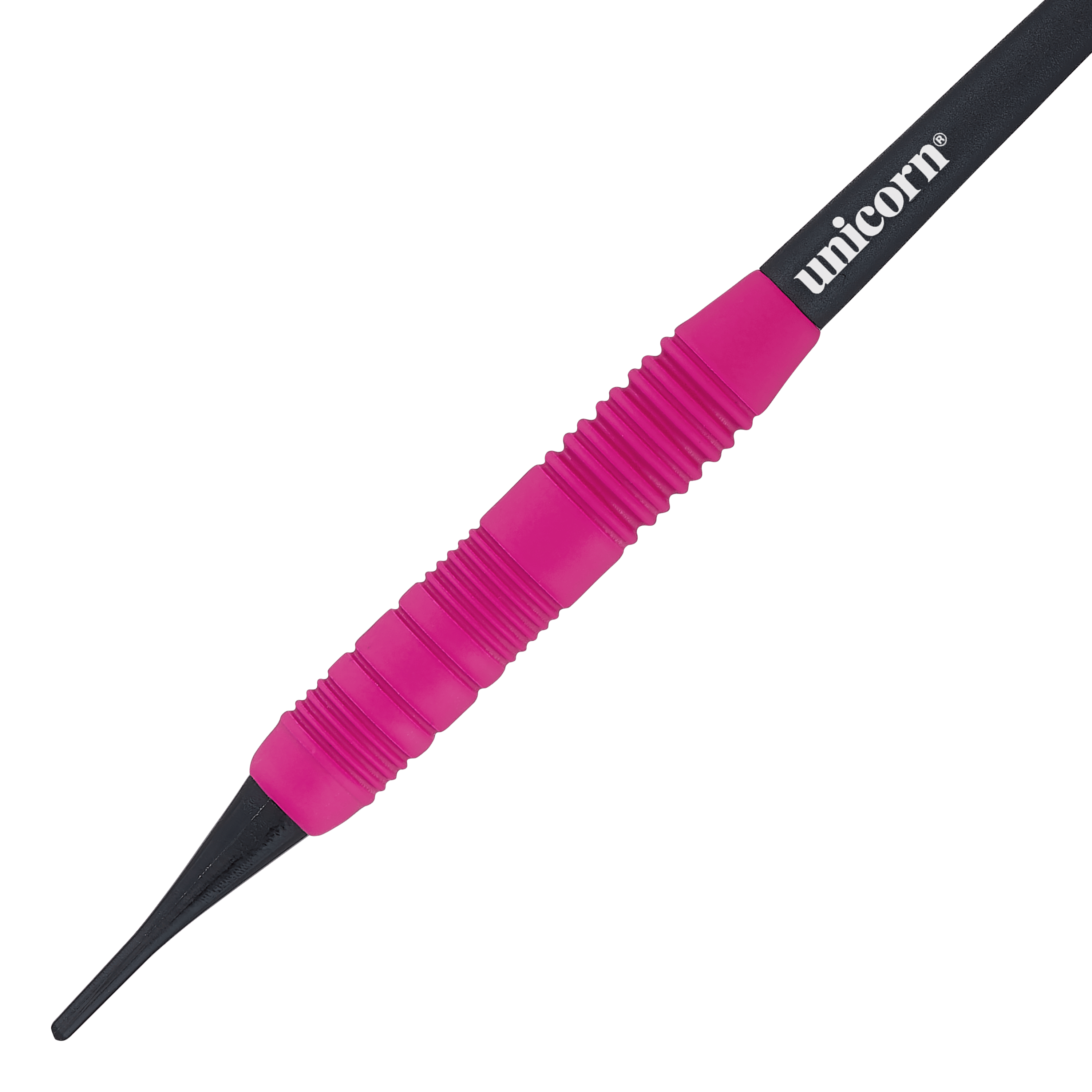 Šipky Unicorn Core Plus pogumované růžové - 19g Das Bild zeigt einen Unicorn Core Plus Rubberised Pink Softdart mit einem Gewicht von 19g. Der Dart hat einen pinken, gummierten Griff und eine schwarze Spitze.