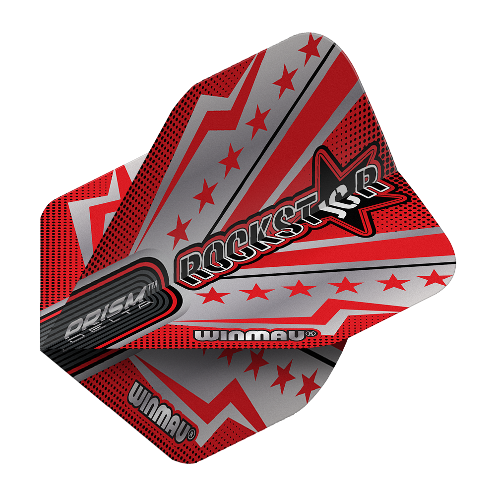 Letky Winmau Prism Delta Joe Cullen Rockstar Series No2 Standard Das Bild zeigt ein Dartflight aus der Winmau Prism Delta Joe Cullen Rockstar Series No2 Standard Flights. Das Design ist in Rot, Silber und Schwarz gehalten und zeigt Sterne sowie das Wort "Rockstar" in großer Schrift.