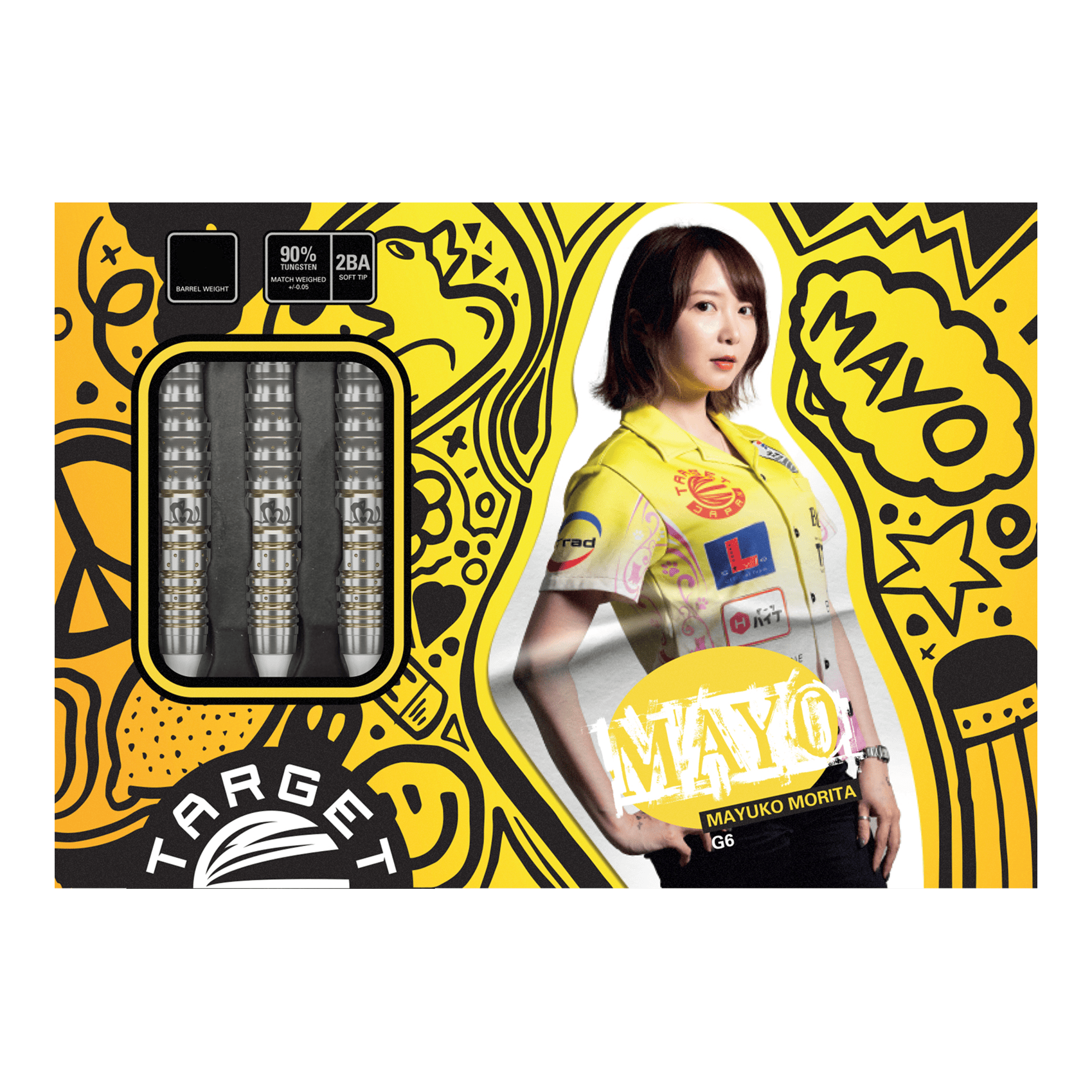 Dardos blandos Target Japan Prime Series Mayujo Morita GEN6 - 18 g Die Verpackung zeigt die "Target Japan Prime Series Mayuko Morita GEN6 Softdarts - 18g". Links sind die Darts zu sehen, rechts ist ein Bild von Mayuko Morita mit buntem Hintergrund.