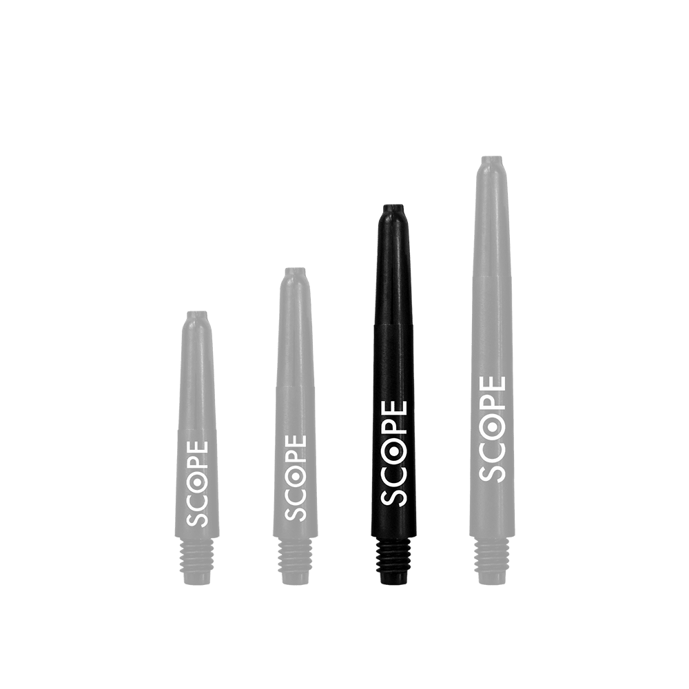 522_McDart_Scope_Nylon_Shafts_Schwarz_41mm_1 Das Bild zeigt vier schwarze McDart Scope Nylon Shafts in verschiedenen Längen. Auf jedem Shaft steht das Wort "SCOPE" in weißen Buchstaben.