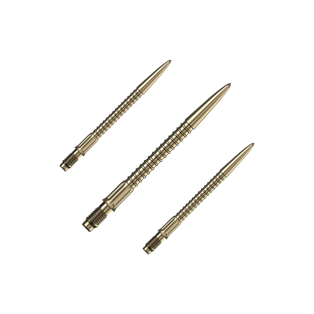 Ein Set goldener Dartspitzen ist auf dem Bild zu sehen. Das Set ist für Dartpfeile gedacht.