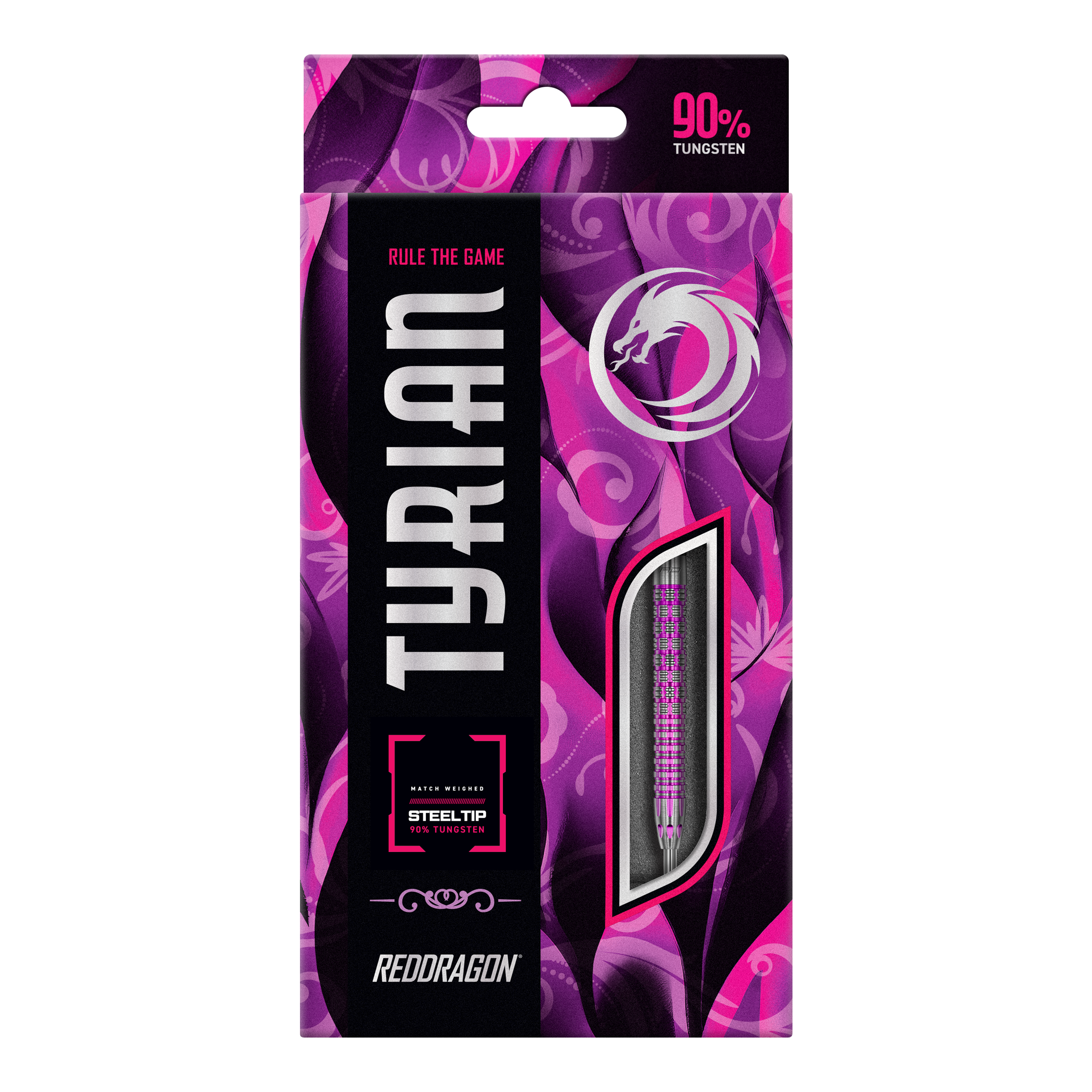 Dardos de acero de Tyrian del Red Dragon Die Abbildung zeigt die Verpackung der "Red Dragon Tyrian Steeldarts". Die Schachtel ist überwiegend in Lila- und Rosatönen gestaltet und hebt hervor, dass die Darts aus 90% Tungsten bestehen.