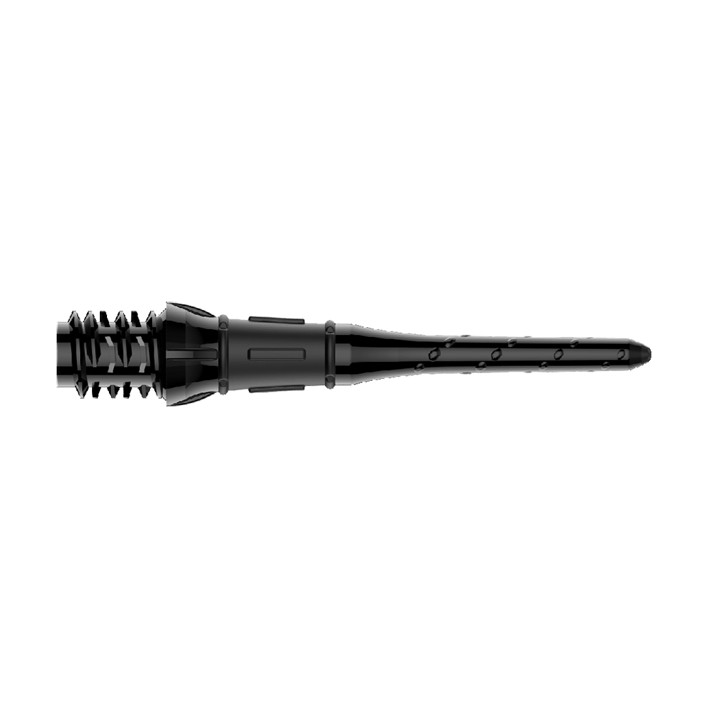 Auf dem Bild ist eine schwarze Dartspitze zu sehen. Sie hat ein schlankes Design mit kleinen Einkerbungen und Details entlang der Spitze.