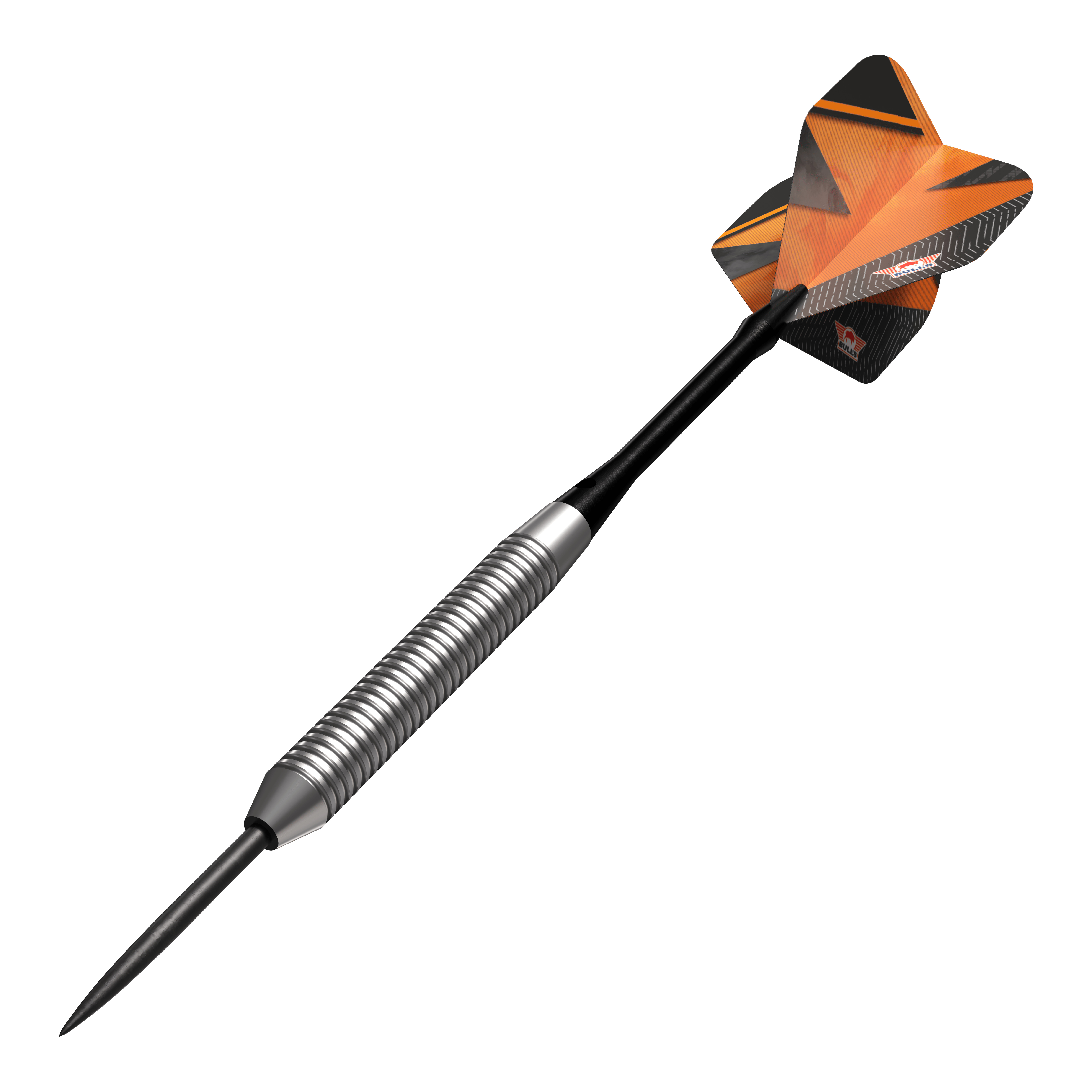 Dardos de acero naranja Bulls NL Lightning Das Bild zeigt einen Bulls NL Lightning Orange Steeldart. Der Dart hat einen silbernen, gerillten Schaft und orangene Flights mit schwarzen Akzenten.