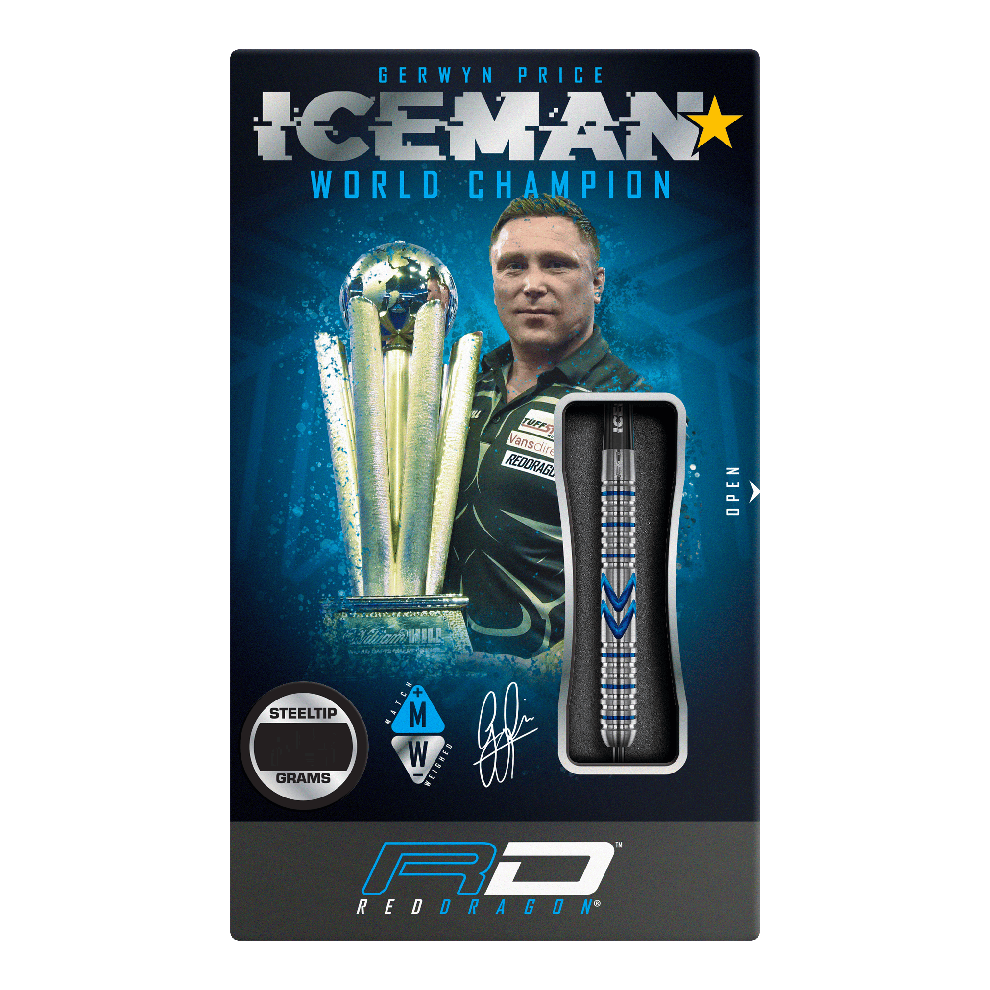 Ocelové šipky Red Dragon Gerwyn Price Iceman Midnight Edition Das Bild zeigt die Verpackung der "Red Dragon Gerwyn Price Iceman Midnight Edition Steeldarts". Auf der Verpackung ist ein Bild von Gerwyn Price mit einem Pokal und einem Steel-Dart abgebildet.