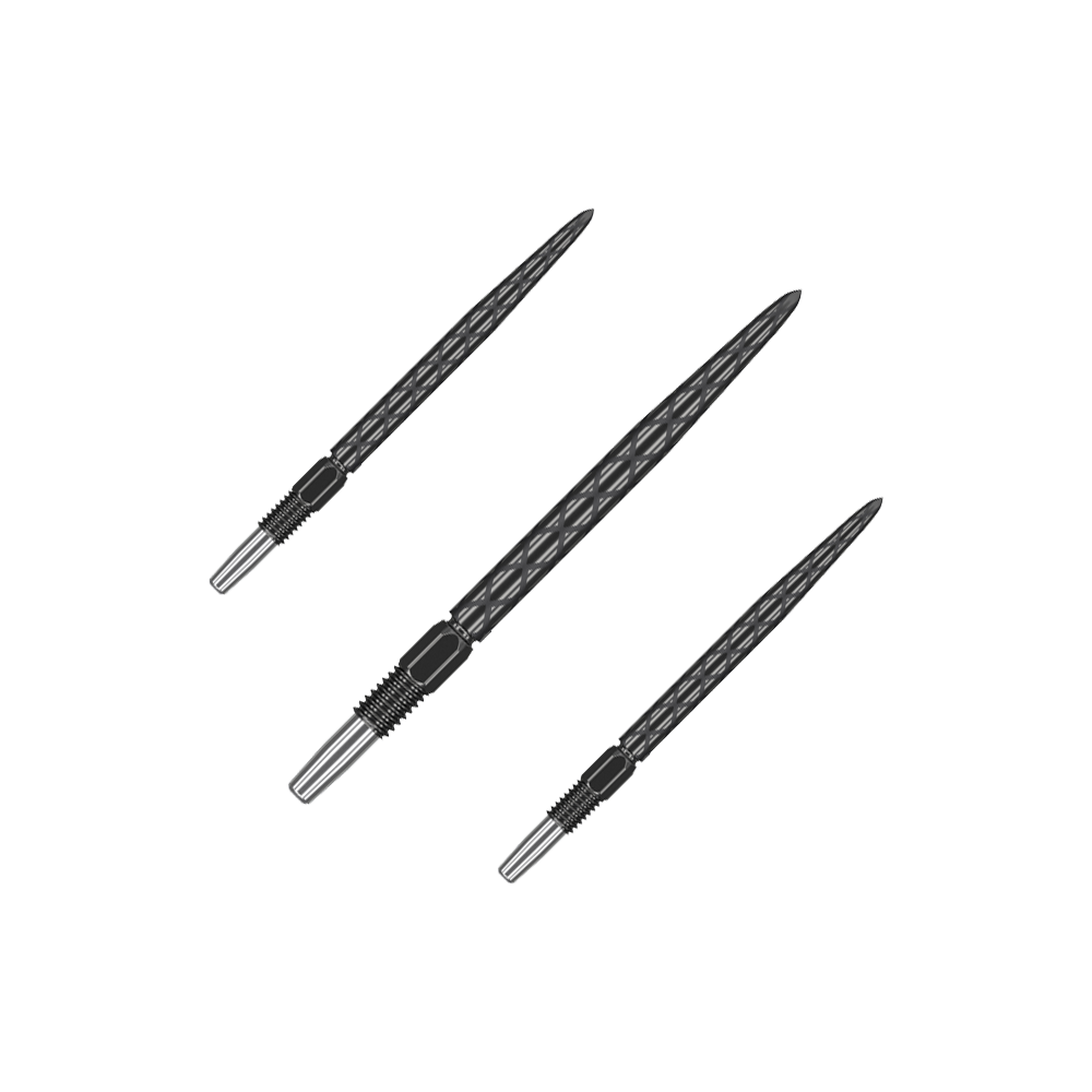 Puntas de dardos Target Swiss Diamond Pro Black Points Auf dem Bild sind drei schwarze Dartspitzen mit Diamantmuster zu sehen. Sie haben ein silberfarbenes Gewinde am Ende zum Befestigen an einem Dartpfeil.