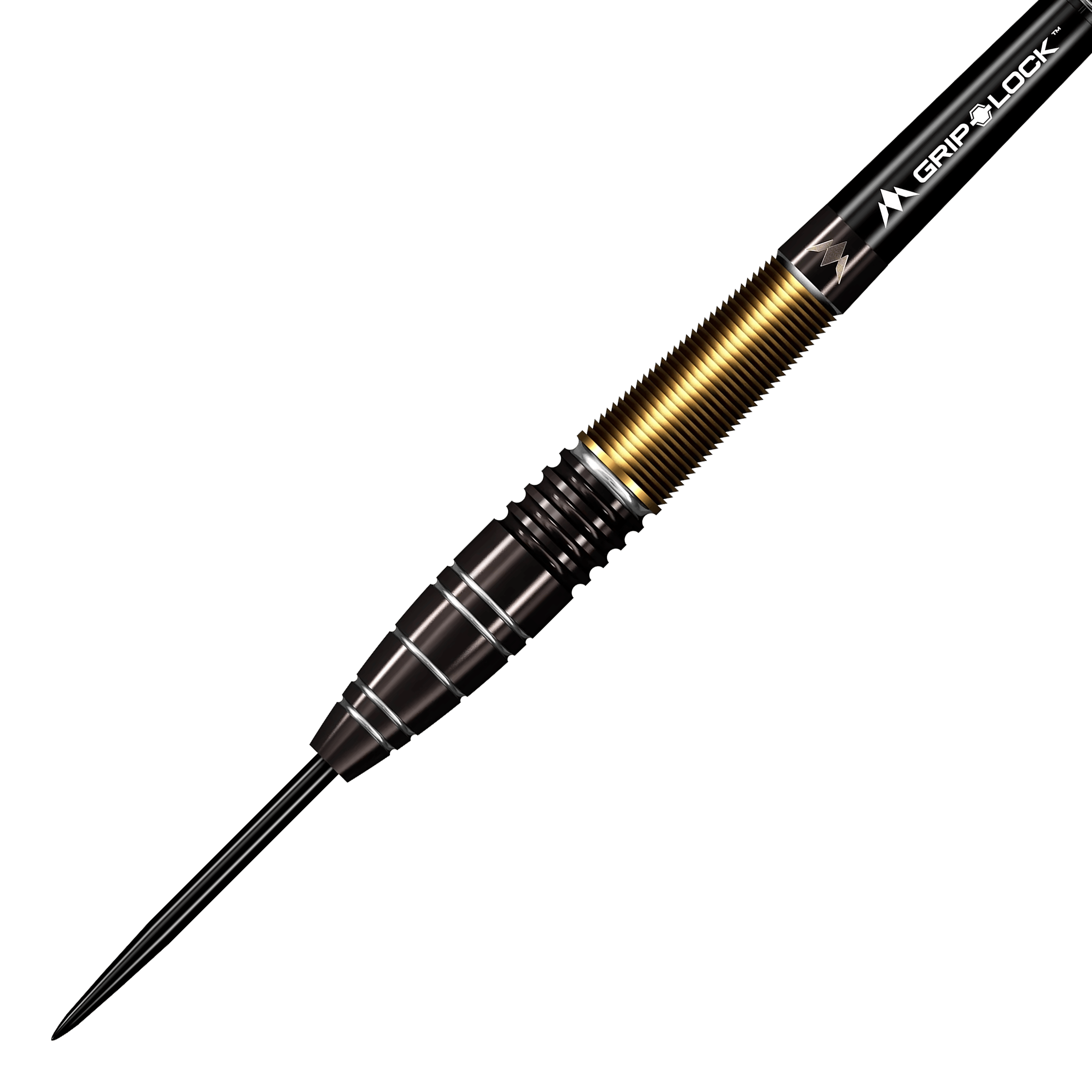 Mission Crypt Model 1 Steeldarts - 22g Das Bild zeigt einen Mission Crypt Model 1 Steeldart mit einem Gewicht von 22g. Der Dart hat ein elegantes Design mit schwarzen und goldenen Akzenten.