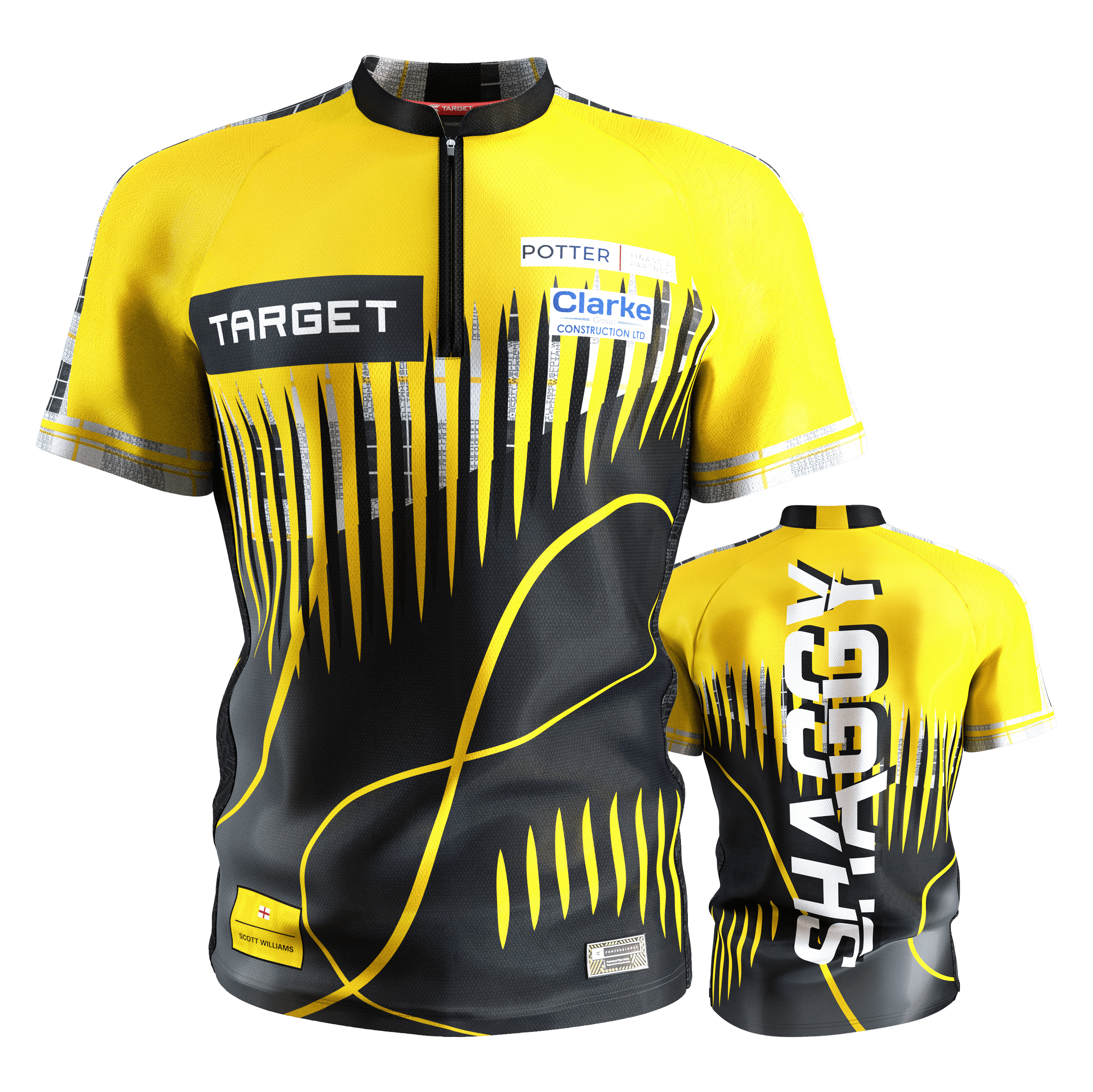 Koszulka do darta Target Coolplay Scott Williams 2025 Das Bild zeigt das "Target Coolplay Scott Williams 2025 Dartshirt" in Gelb und Schwarz mit auffälligem Muster. Auf der Rückseite steht groß das Wort "SHAGGY".