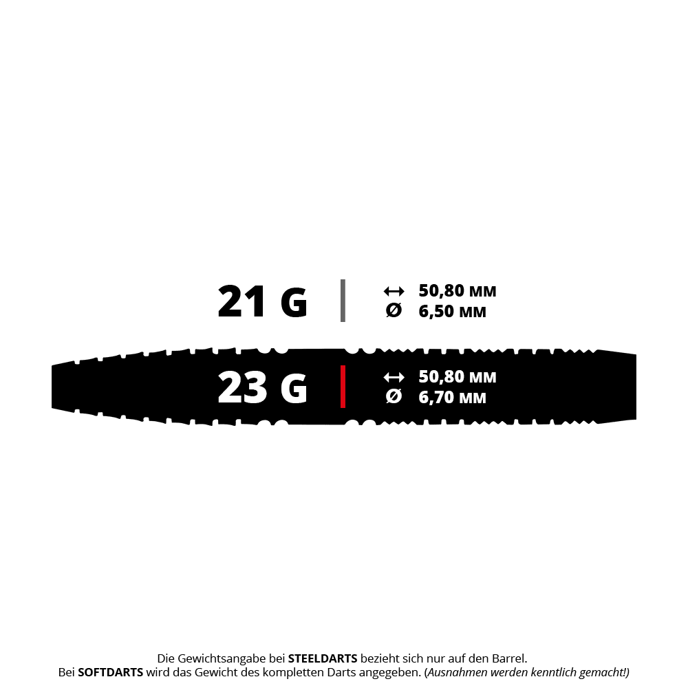Das Bild zeigt Steeldarts mit dem Namen 'Recon Tapered' von Red Dragon. Die Darts wiegen 23 Gramm.