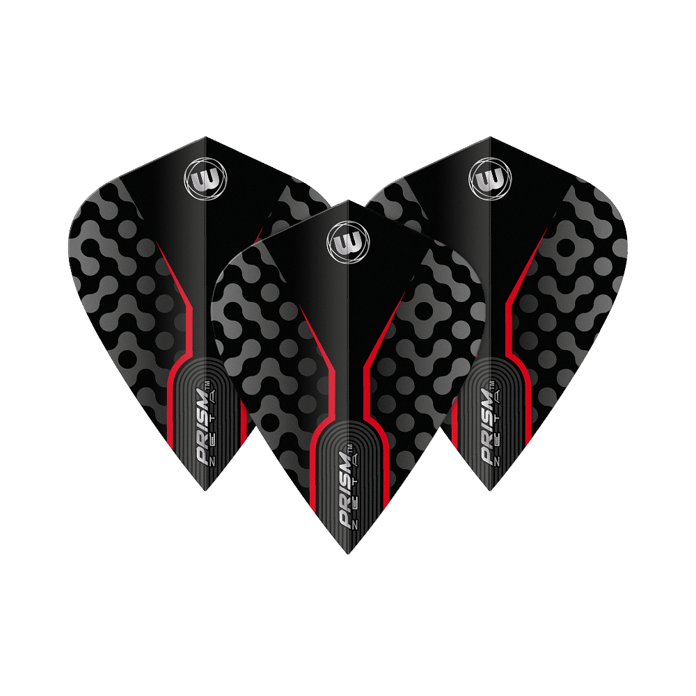 Vuelos Cometa Winmau Zeta Negro Rojo Das Bild zeigt drei Winmau Zeta Black Red Kite Flights. Sie sind schwarz mit roten Linien und einem auffälligen Muster in Grau.