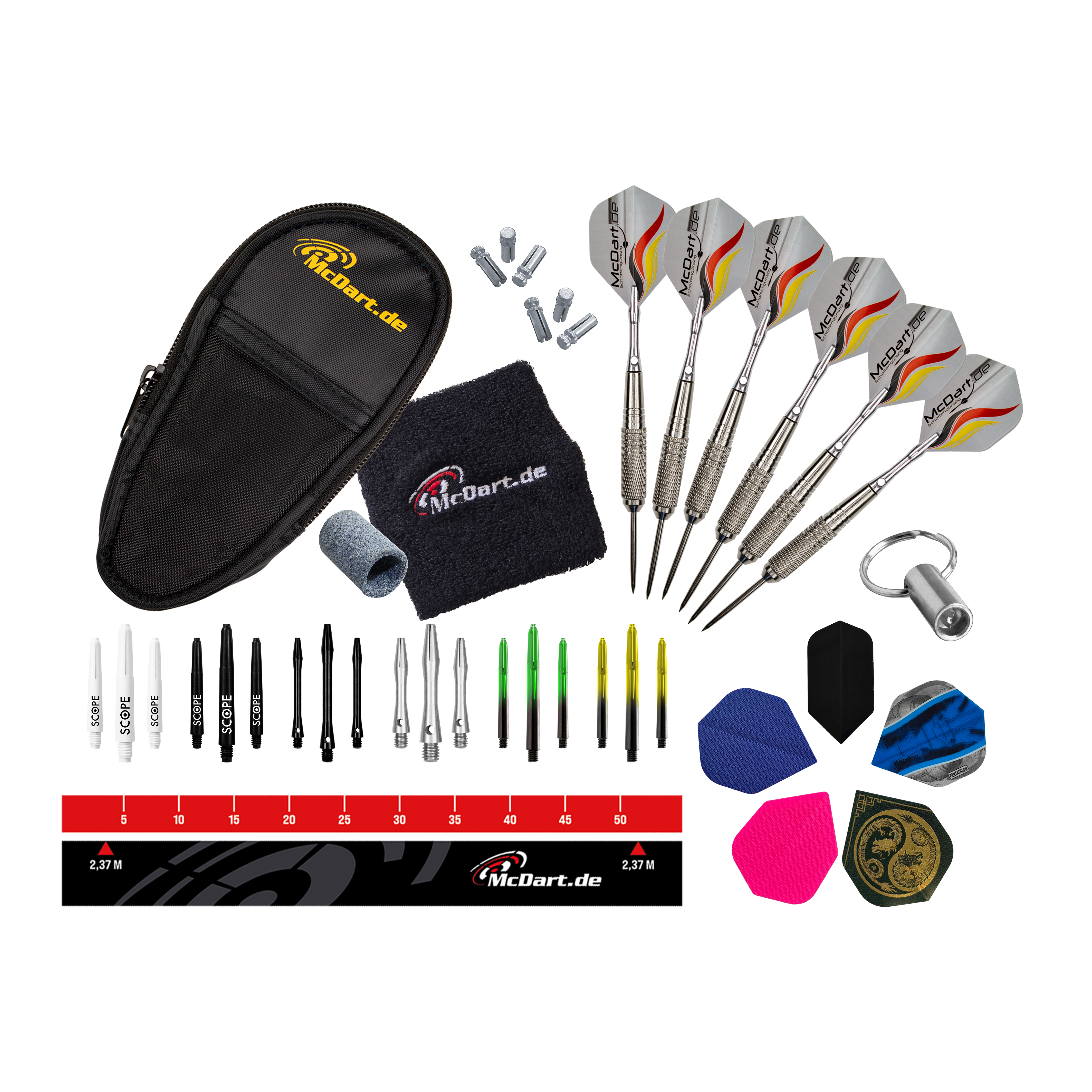 Zestaw startowy McDart Steel Dart Das Bild zeigt das McDart Starterpack. Es handelt sich um ein Starterset für Dartspieler.