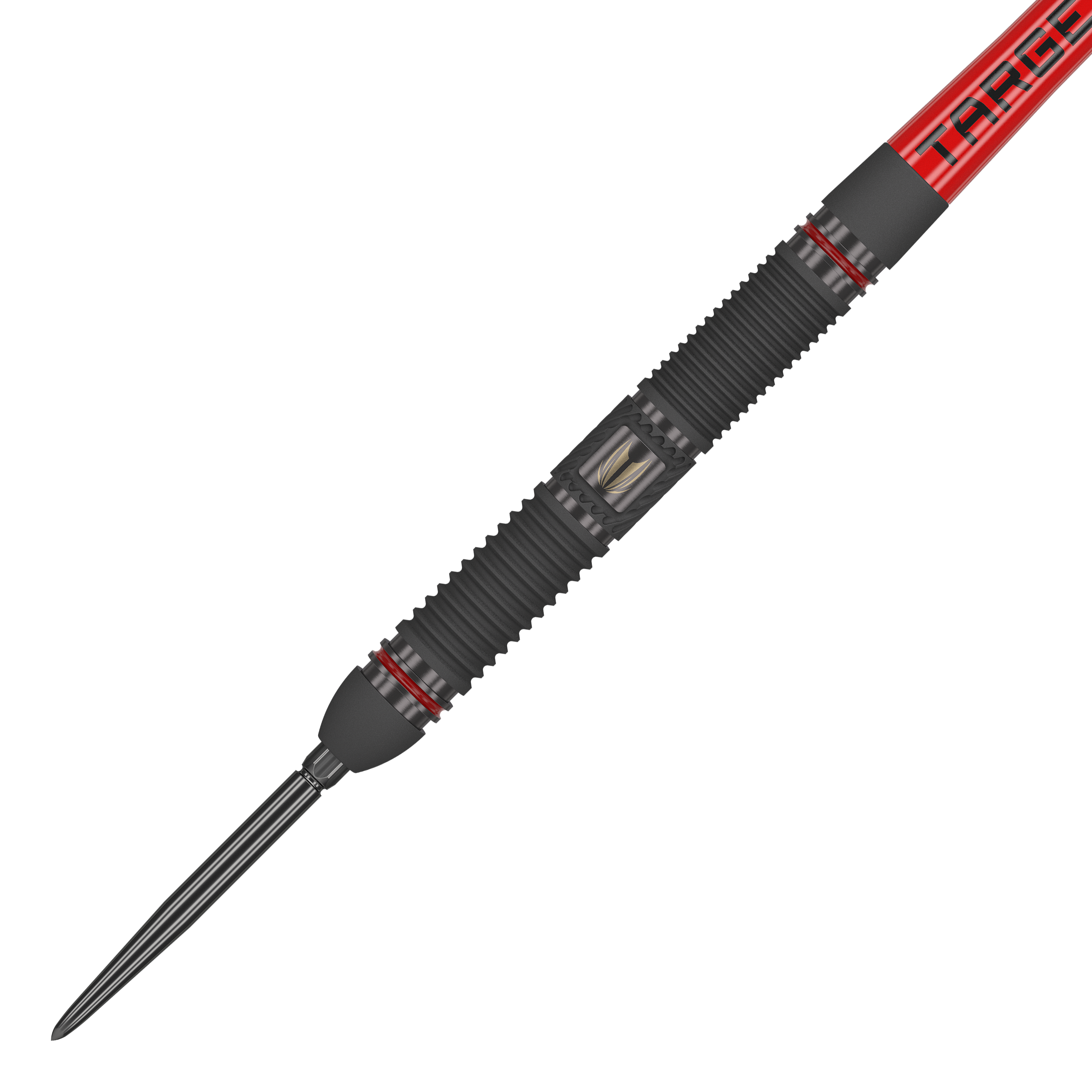 Dardos de acero Target Scope 01 Swiss Point Das Bild zeigt einen Steeldart namens "Target Scope 01 Swiss Point". Der Dart hat ein schwarzes, geriffeltes Griffstück mit roten Akzenten und einer silbernen Spitze.
