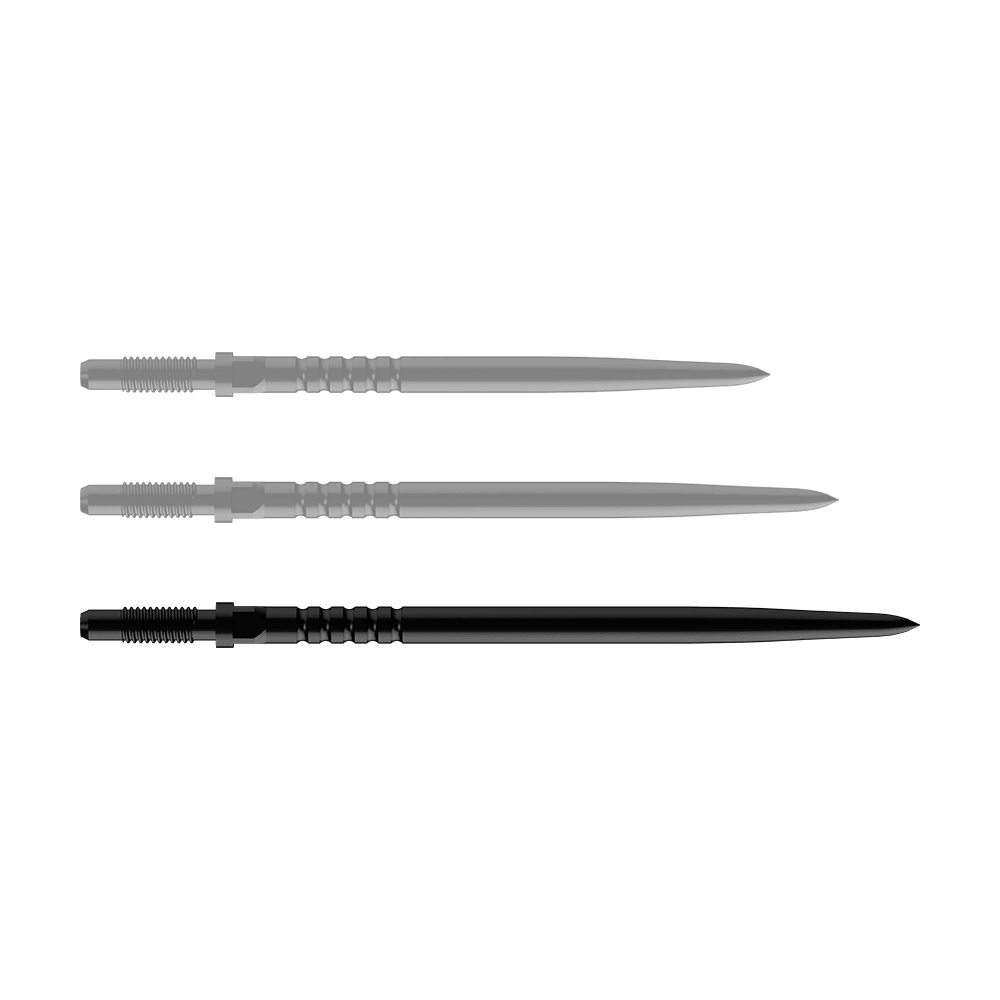 Pointes de fléchettes convertibles Bulls NL - Grip annelé - Noires Das Bild zeigt ein Dart-Zubehörteil. Es handelt sich um ein BullsNL Convertible Point mit Ringed Grip in Schwarz und 40mm Länge.