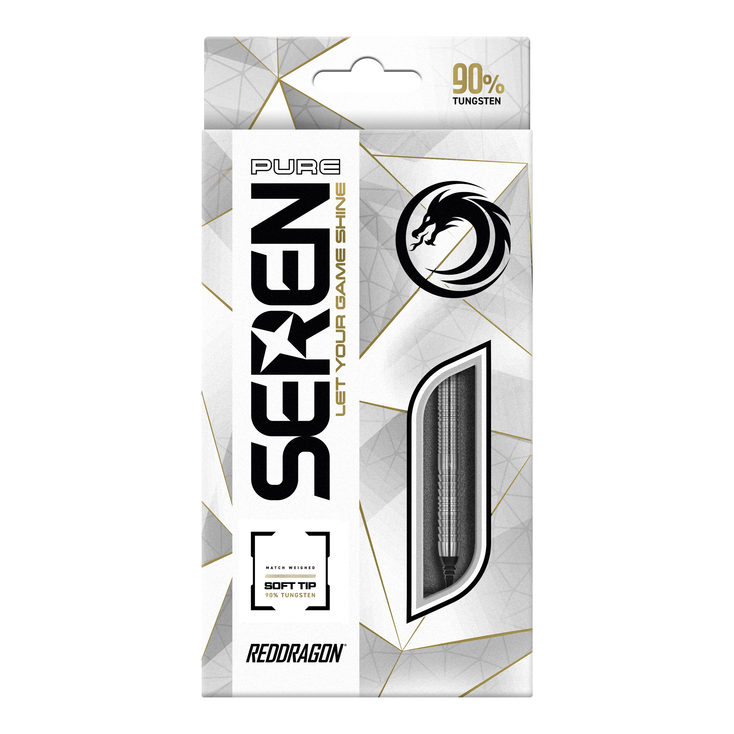 Šipky Red Dragon Seren 1 Pure Softdarts - 20g Die Verpackung zeigt das Produkt "Red Dragon Seren 1 Pure Softdarts - 20g". Das Design ist überwiegend weiß mit goldenen und schwarzen Akzenten und hebt die Qualität aus 90 % Tungsten hervor.
