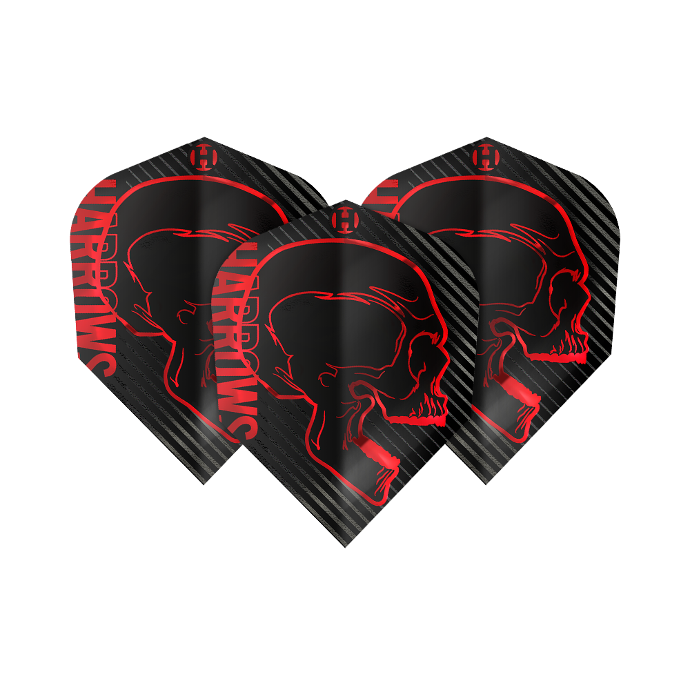 Voli Harrows Rage Red No6 Das Bild zeigt drei schwarze Dartflights mit einem roten Totenkopfdesign und dem Schriftzug "Harrows" an der Seite. Die Flights sind Teil des Produkts "Harrows Rage Red No6 Flights".