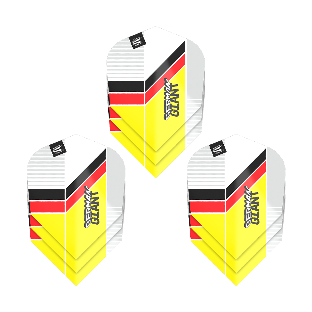 Target Pro Ultra Gabriel Clemens No6 Flights - 3 sady Das Bild zeigt drei Sets von Target Pro Ultra Gabriel Clemens No6 Flights. Die Flights haben ein Design in den Farben Weiß, Gelb, Rot und Schwarz mit der Aufschrift "GERMAN GIANT".