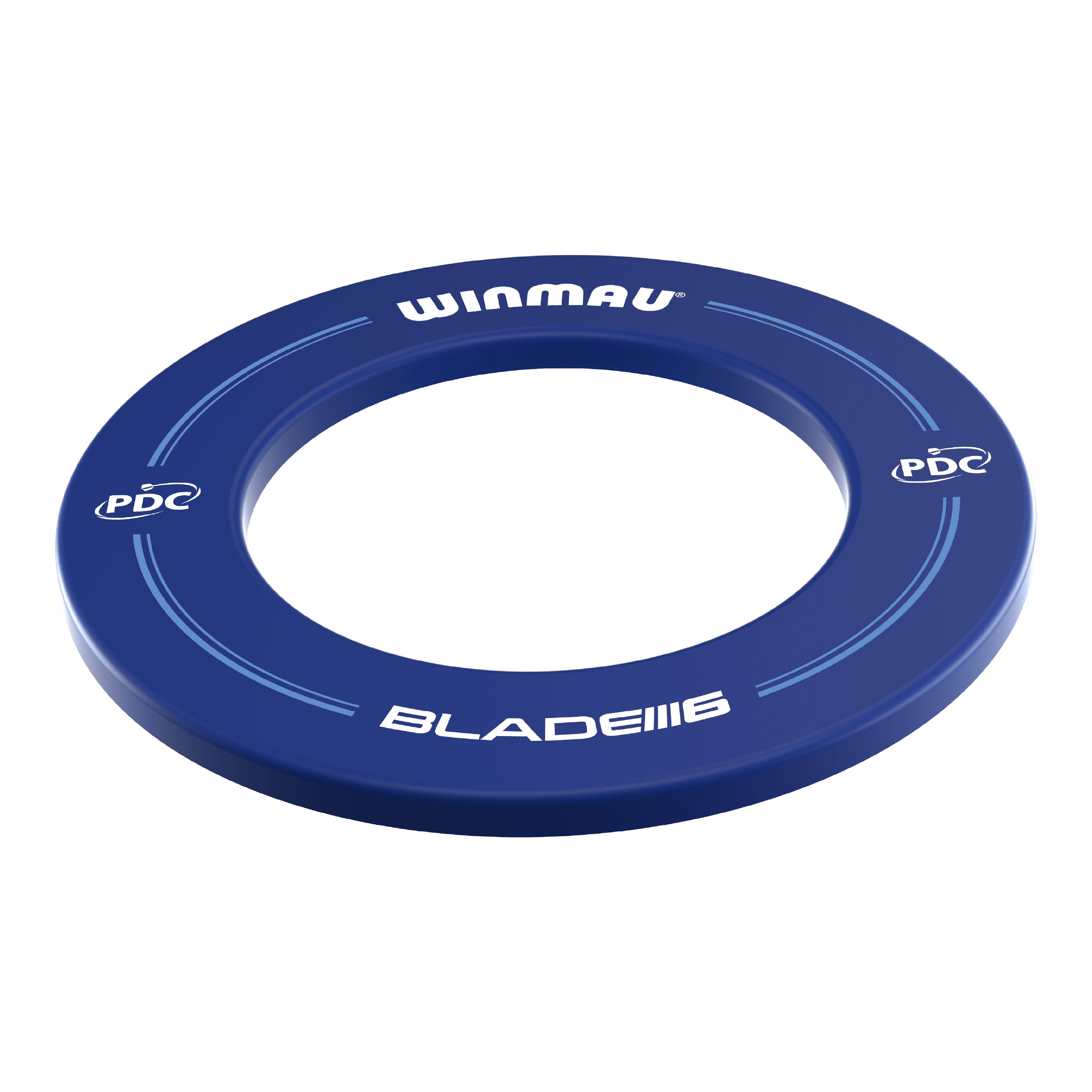 Kryt terče Winmau PDC - modrý Das Bild zeigt ein blaues Dartboard-Surround der Marke Winmau mit der Aufschrift "BLADE 6" und "PDC". Es ist rund und dient zum Schutz der Wand rund um eine Dartscheibe.