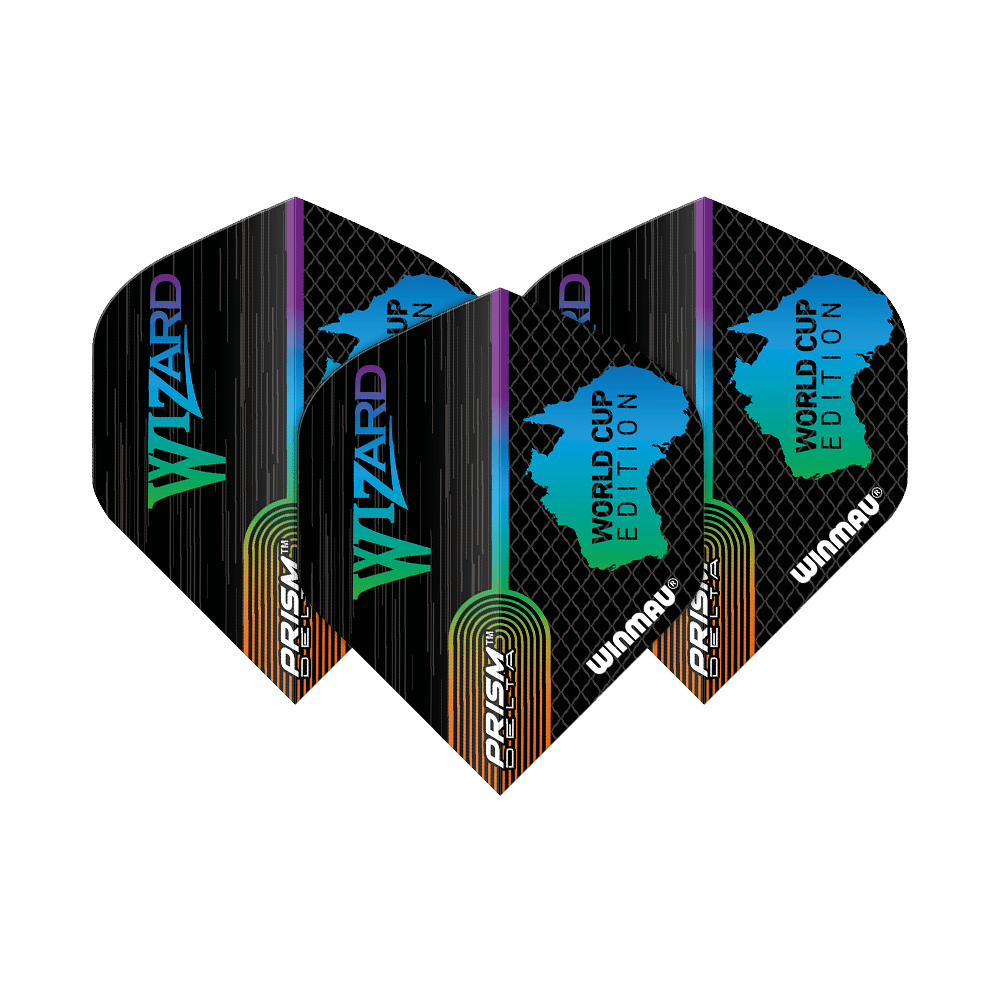 6915-237_Winmau_Simon_Whitlock_World_Cup_Special_Edition_Standard_Flights_1TCCzvaL84lPSL Das Bild zeigt drei Dart-Flights der Marke Winmau, Simon Whitlock World Cup Special Edition. Die Flights sind schwarz mit farbigen Details und den Aufschriften "Wizard" und "World Cup Edition".
