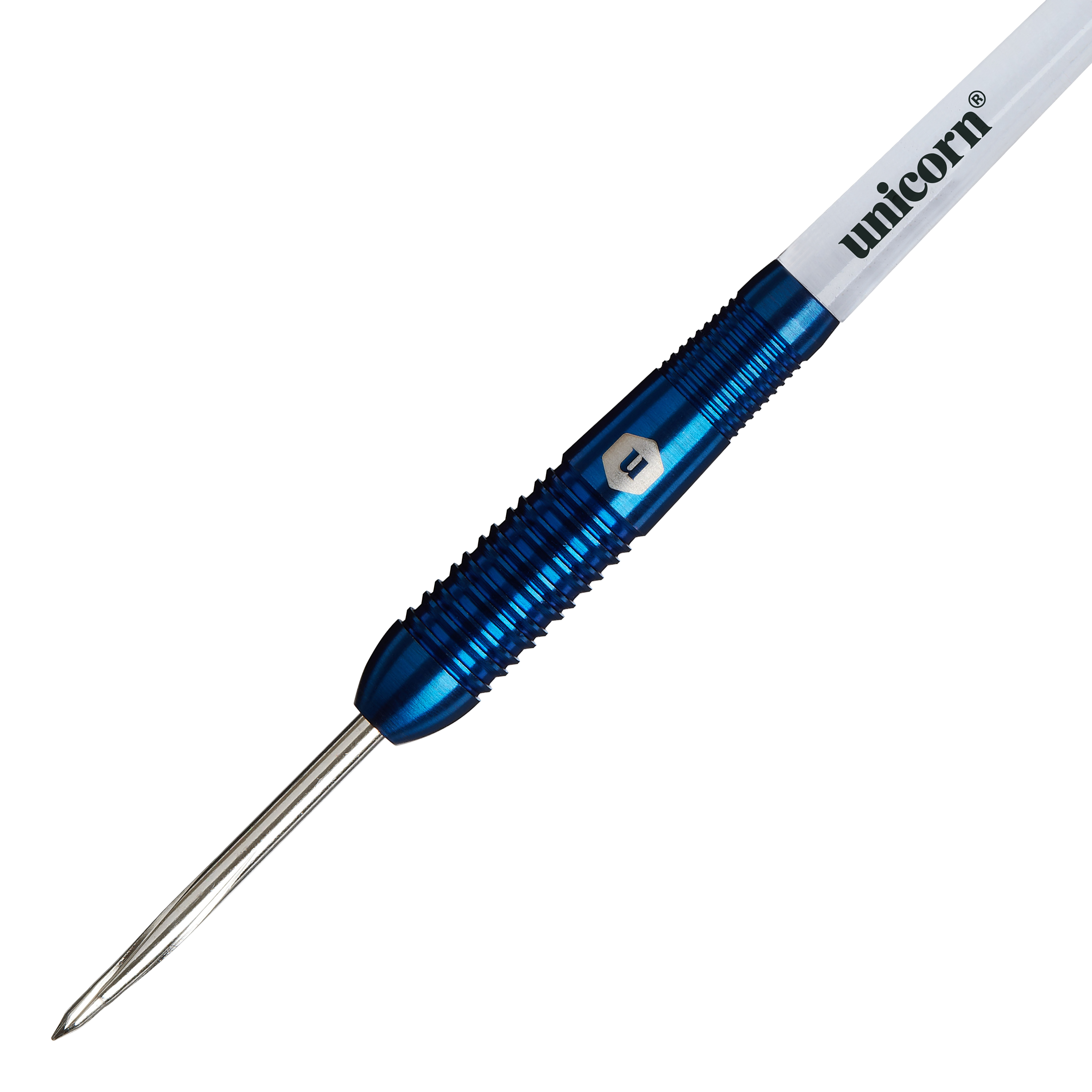 Dardos de acero Unicorn Prodigy 02 Torpedo Das Bild zeigt den Unicorn Prodigy 02 Torpedo Steeldart mit einem blauen, geriffelten Schaft. Auf dem weißen Schaftabschnitt steht der Schriftzug "unicorn".