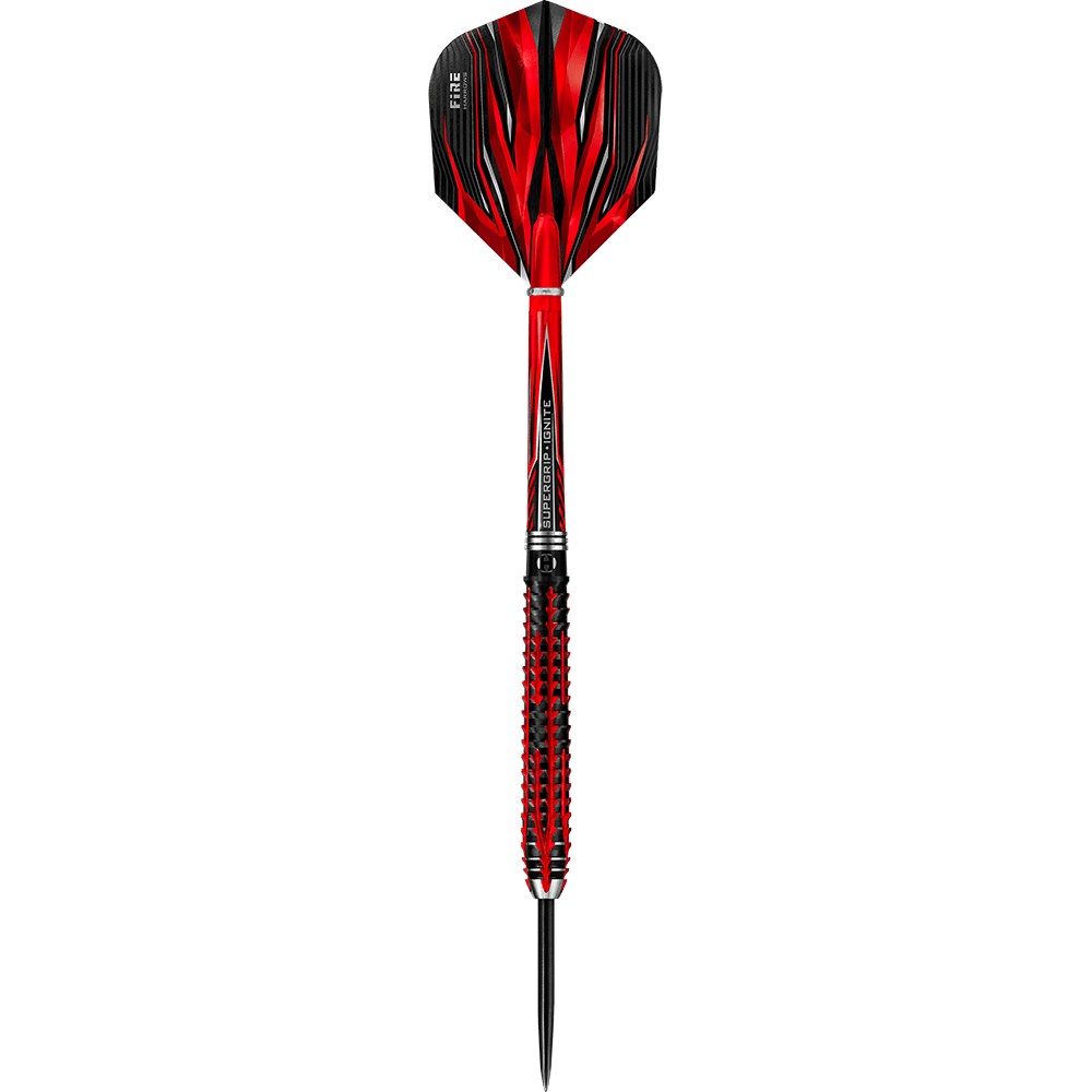 HA26999_Harrows_Fire_Inferno_Steeldarts_1F58MeZcIwywTg Das Bild zeigt einen Harrows Fire Inferno Steeldart mit auffälligem roten und schwarzen Design. Der Dart wirkt hochwertig und ist speziell für Präzision und Leistung im Dartsport entwickelt.
