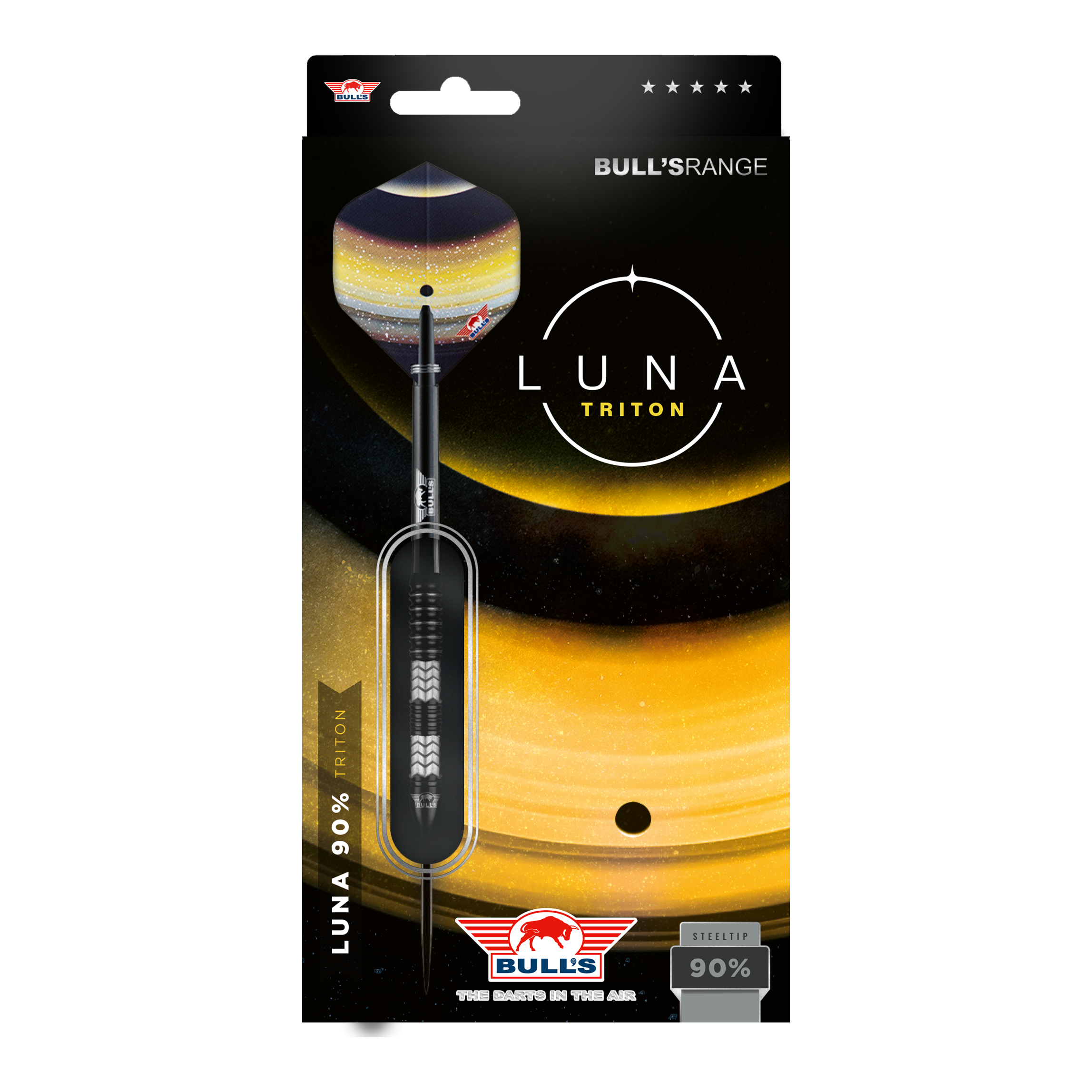 Dardos de acero Bulls NL Luna Triton Das Bild zeigt die Verpackung der "Bulls NL Luna Triton Steeldarts". Die Verpackung ist schwarz-gelb gestaltet und hebt den Dartpfeil sowie den Schriftzug "Luna Triton" hervor.