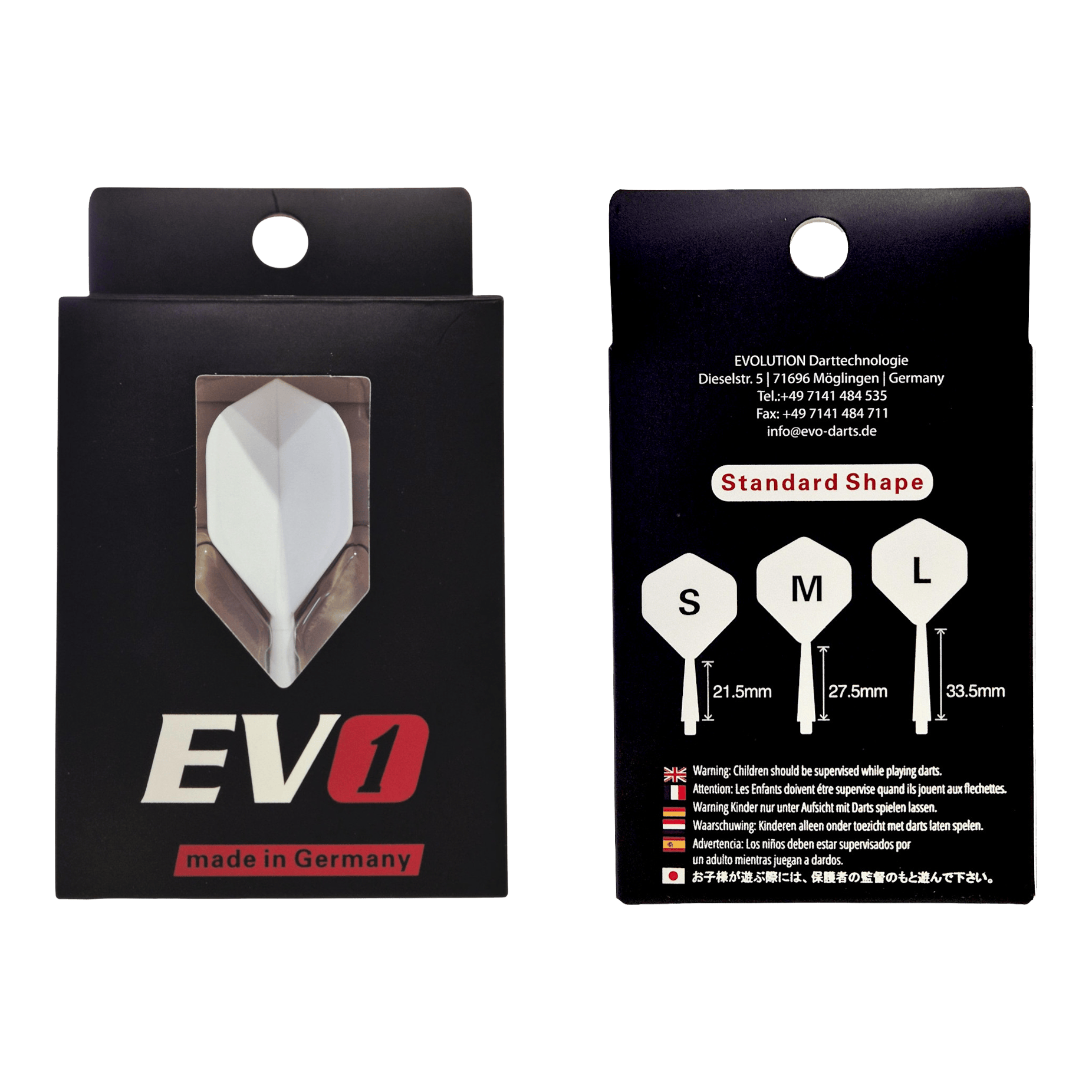 Abgebildet ist das Evolution EVO1 Flight-Shaft-System in der Farbe Weiß. Der Artikel eignet sich als hochwertiges Dartzubehör.