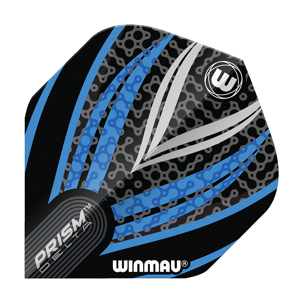 Letky Winmau Prism Delta černá bílá modrá č. 2 standardní Das Bild zeigt ein Winmau Prism Delta Flight in den Farben Schwarz, Weiß und Blau. Das Design ist modern mit auffälligen Linien und Mustern.