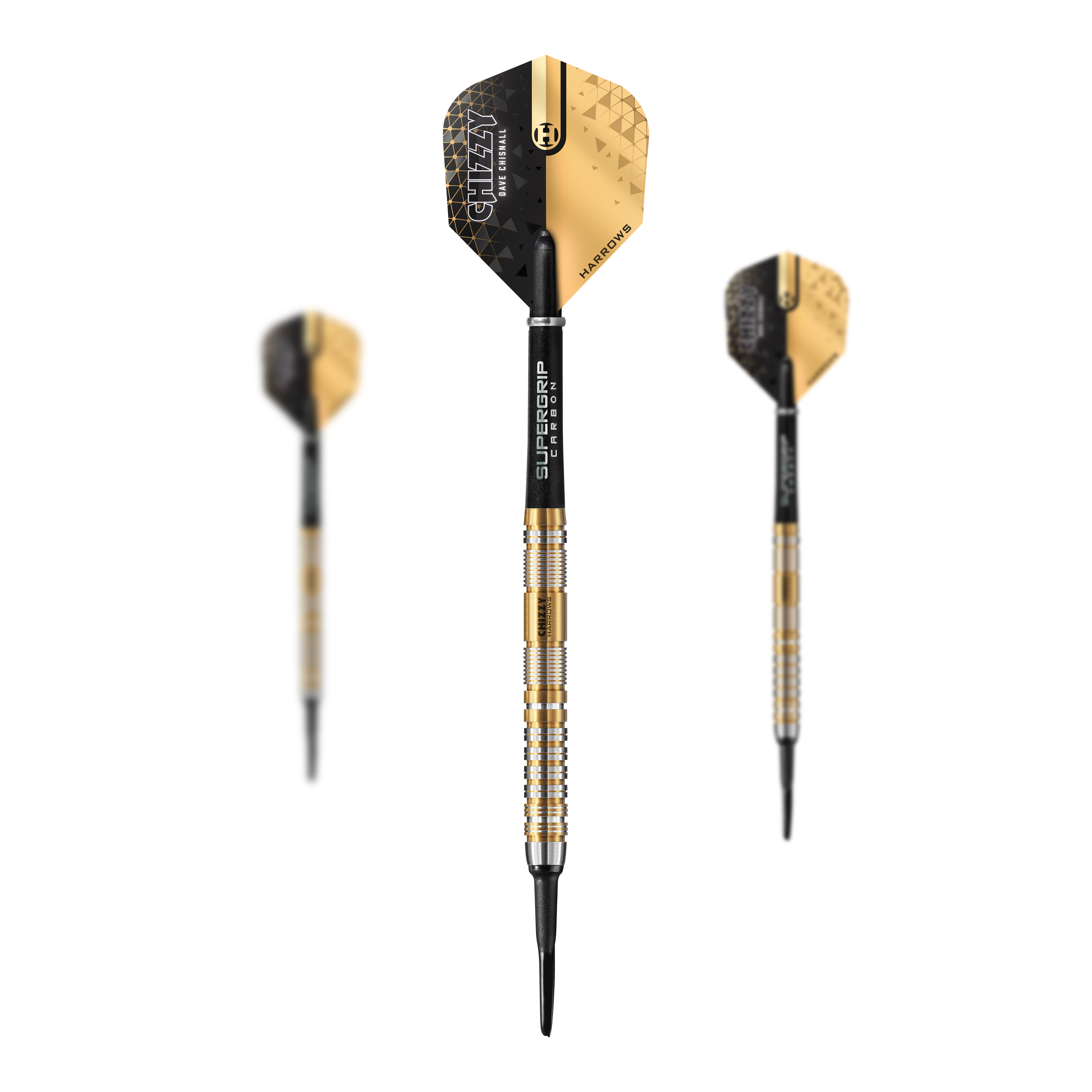 Harrows Dave Chisnall Chizzy Series 2 Softdarts Das Bild zeigt drei Softdarts der Marke "Harrows Dave Chisnall Chizzy Series 2" mit gold-schwarzem Design. Die Darts haben schwarze Flights und silber-goldene Griffe mit schwarzer Spitze.
