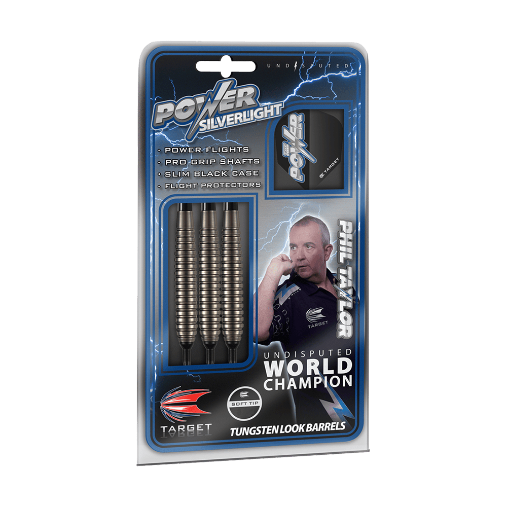 200270-Target-Phil-Taylor-Power-Silverlight-Softdarts-3-4-Plastikbox Die Abbildung zeigt das Produkt "Target Phil Taylor Power Silverlight Softdarts" in einer Verpackung mit drei Softdarts. Auf der Verpackung ist ein Bild von Phil Taylor sowie Informationen zu den enthaltenen Features abgebildet.