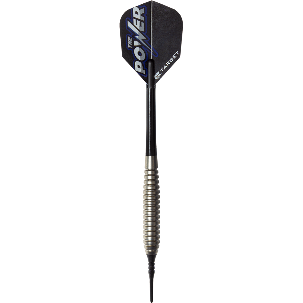 200270-Target-Phil-Taylor-Power-Silverlight-Softdarts-1FRuA3xuIVDbRR Das Bild zeigt einen Target Phil Taylor Power Silverlight Softdart. Der Dartpfeil hat eine gerillte silberne Spitze und einen schwarzen Schaft mit "THE POWER" auf der Flights.