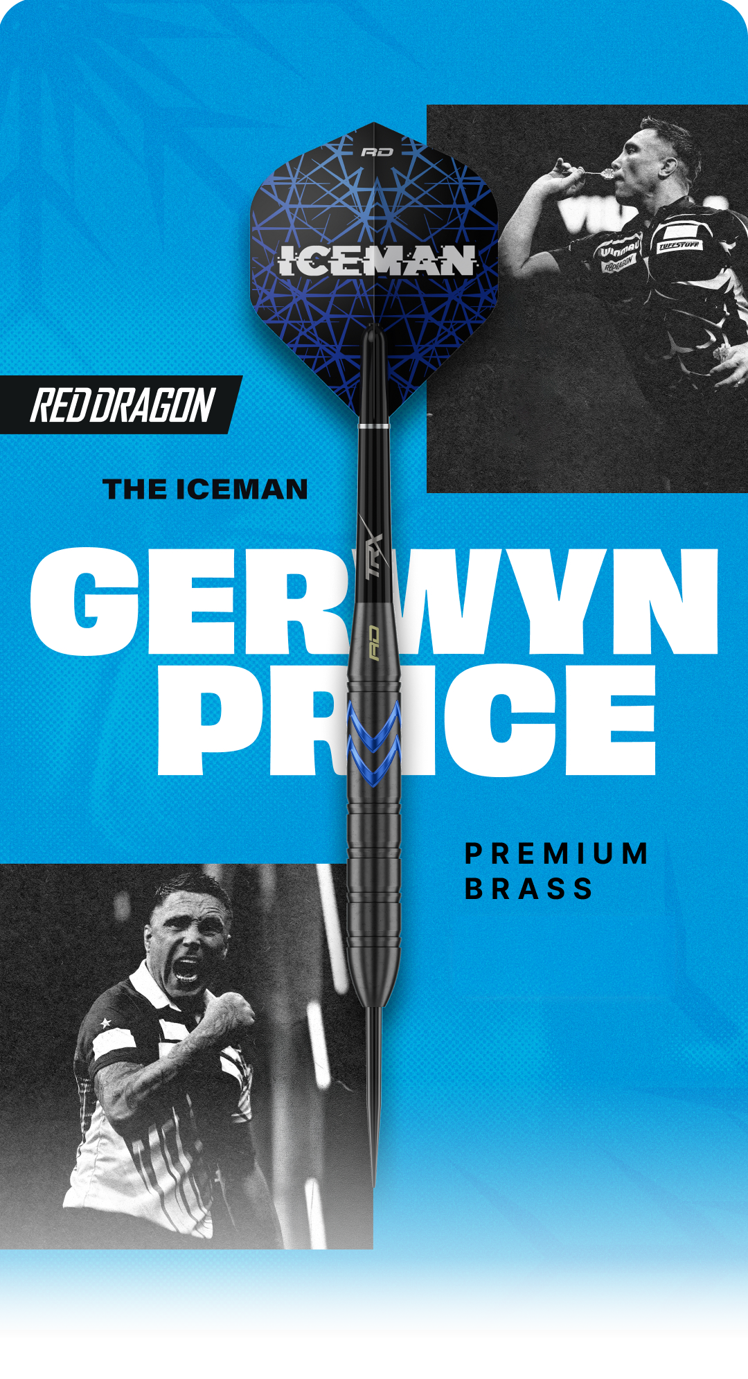 Werbebanner mit dem Text 'Red Dragon Price Core Brass'. Das Banner zeigt ein Dartprodukt in Werbegrafik.