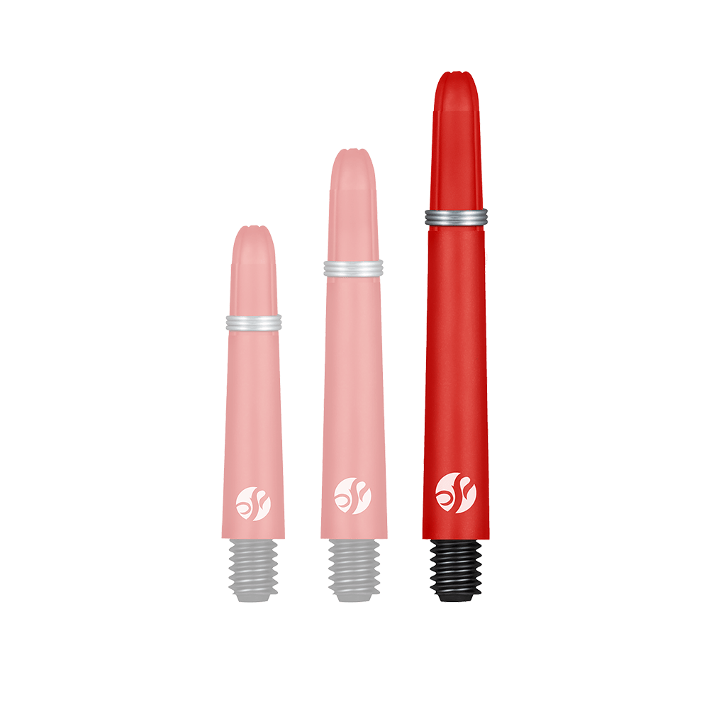 Shot Koi Carbon Shafts - Red Auf dem Bild sind drei rote Dartschäfte in verschiedenen Längen zu sehen. Sie haben schwarze Gewinde und einen silbernen Ring in der Mitte.