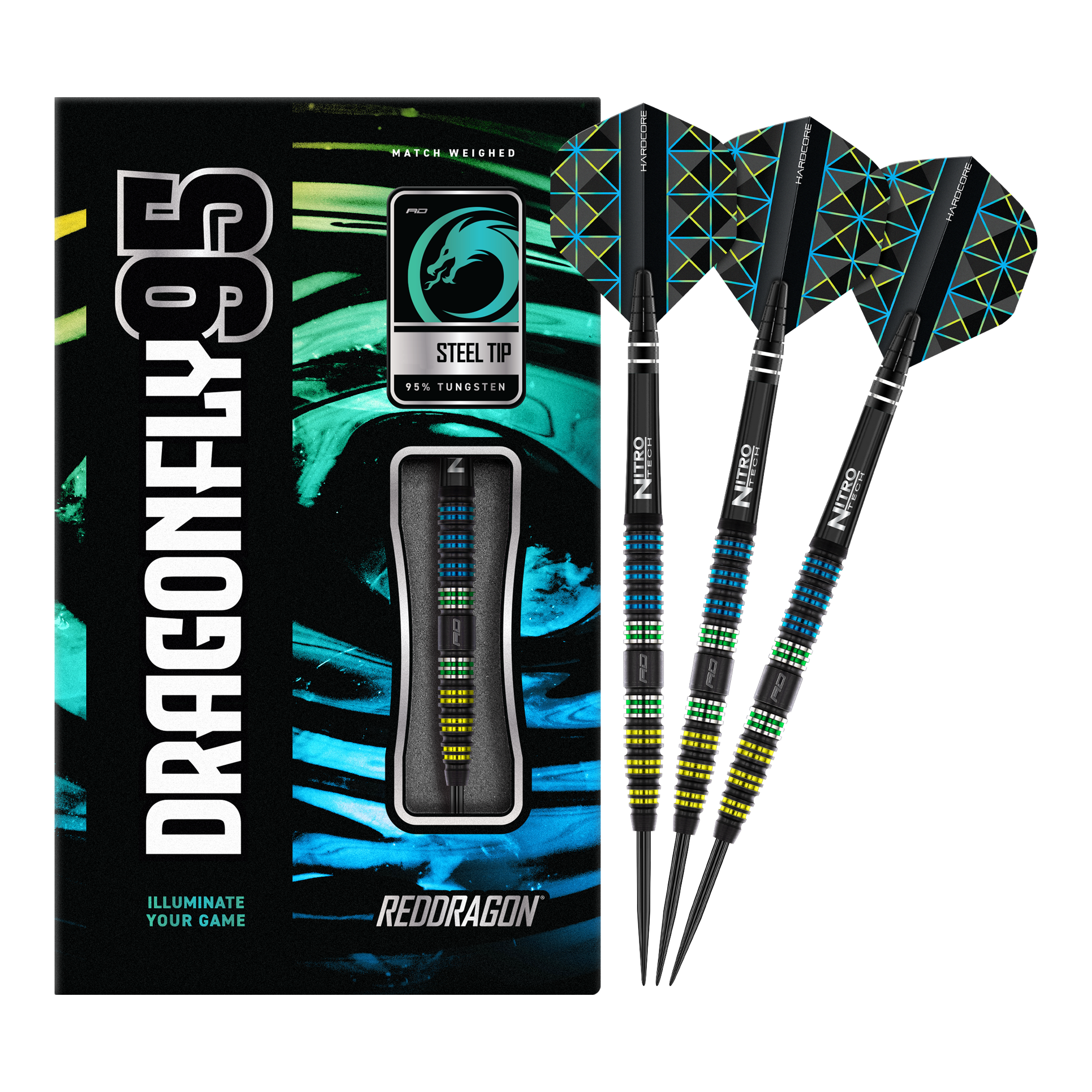 Šipky Red Dragon Dragon 95 černé, zúžené, ocelové Die Abbildung zeigt das Produkt "Red Dragon Dragonfly 95 Black Tapered Steeldarts" mit moderner, bunter Verpackung. Drei schwarze Steeldarts mit farbigen Akzenten und speziellen Flights sind daneben zu sehen.