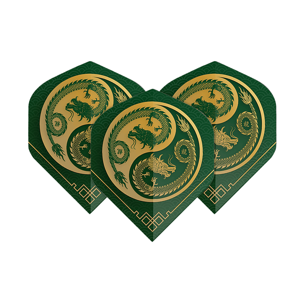 Pentathlonové lety Dragon green Das Bild zeigt drei Pentathlon Dragon 3 Standard Flights in Grün und Gold. Auf jedem Flight ist ein kunstvoller Drache im Kreisdesign abgebildet.
