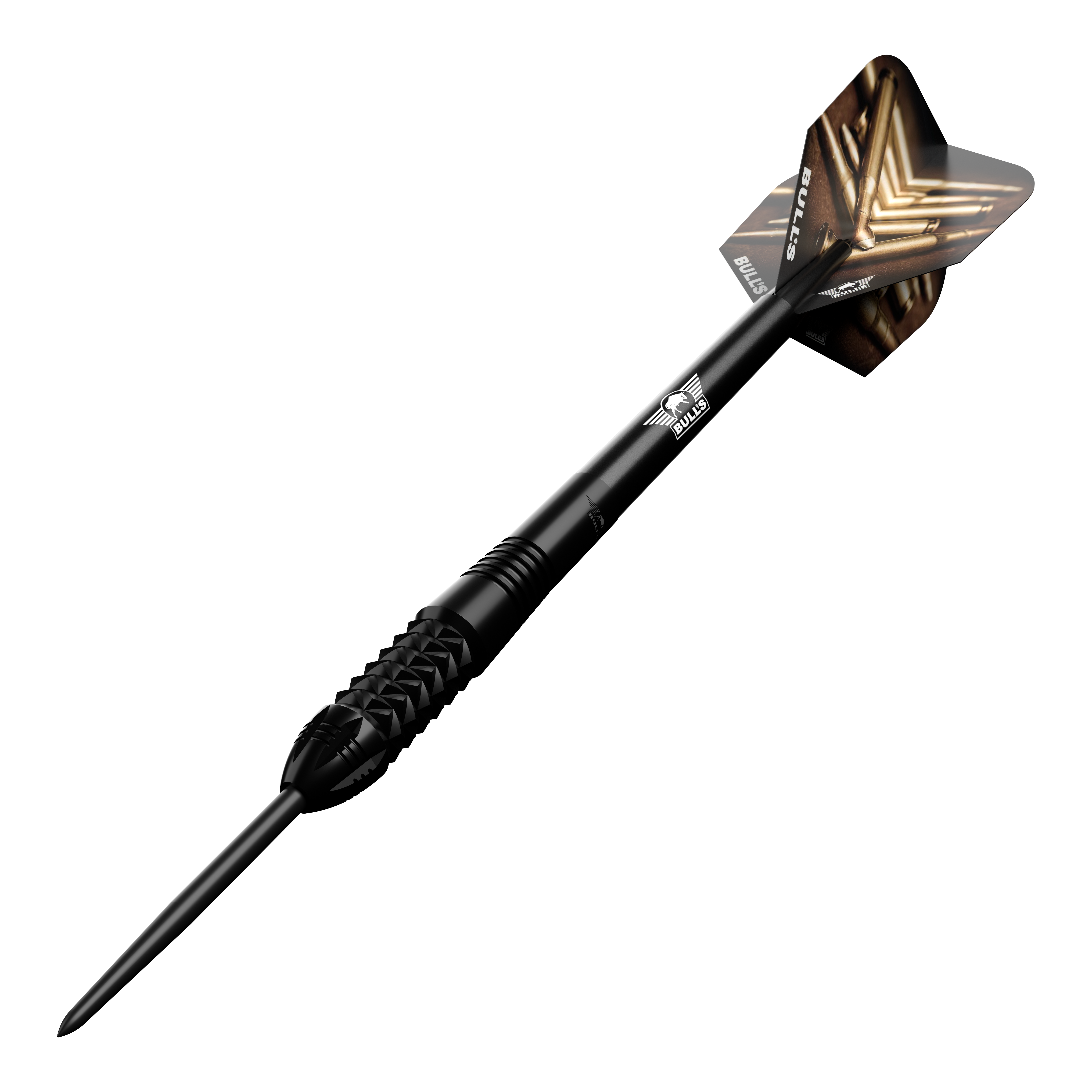 Dardos de acero Bulls NL Caliber Black Dieses Bild zeigt den Bulls NL Caliber Black Steeldart. Der Dartpfeil ist schwarz und hat ein auffälliges Design auf den Flights.