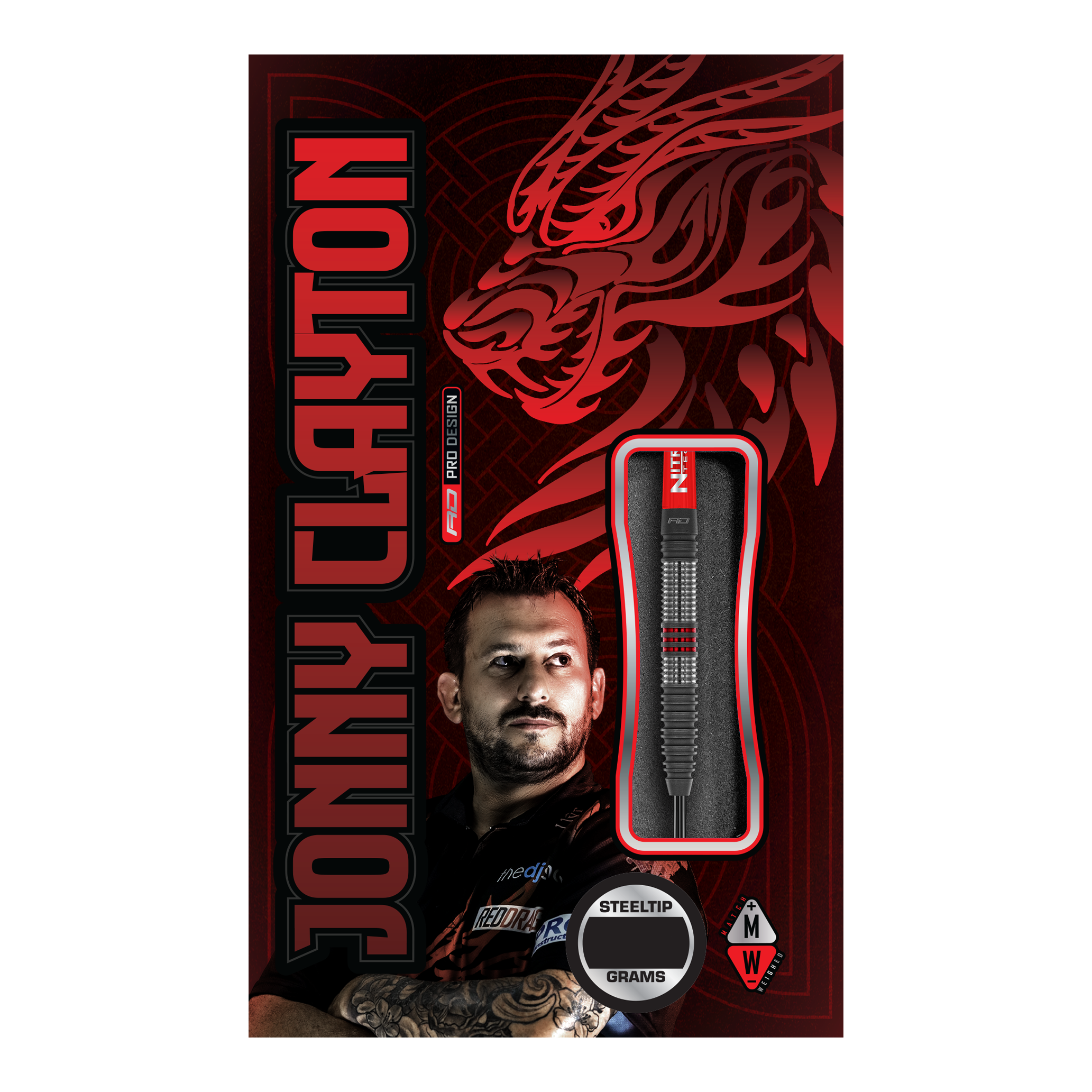 Dardos de acero Red Dragon Jonny Clayton Hiraeth Die Abbildung zeigt die Verpackung der "Red Dragon Jonny Clayton Hiraeth Steeldarts". Auf der Verpackung sind ein Porträt von Jonny Clayton sowie ein stilisierter roter Drache abgebildet.
